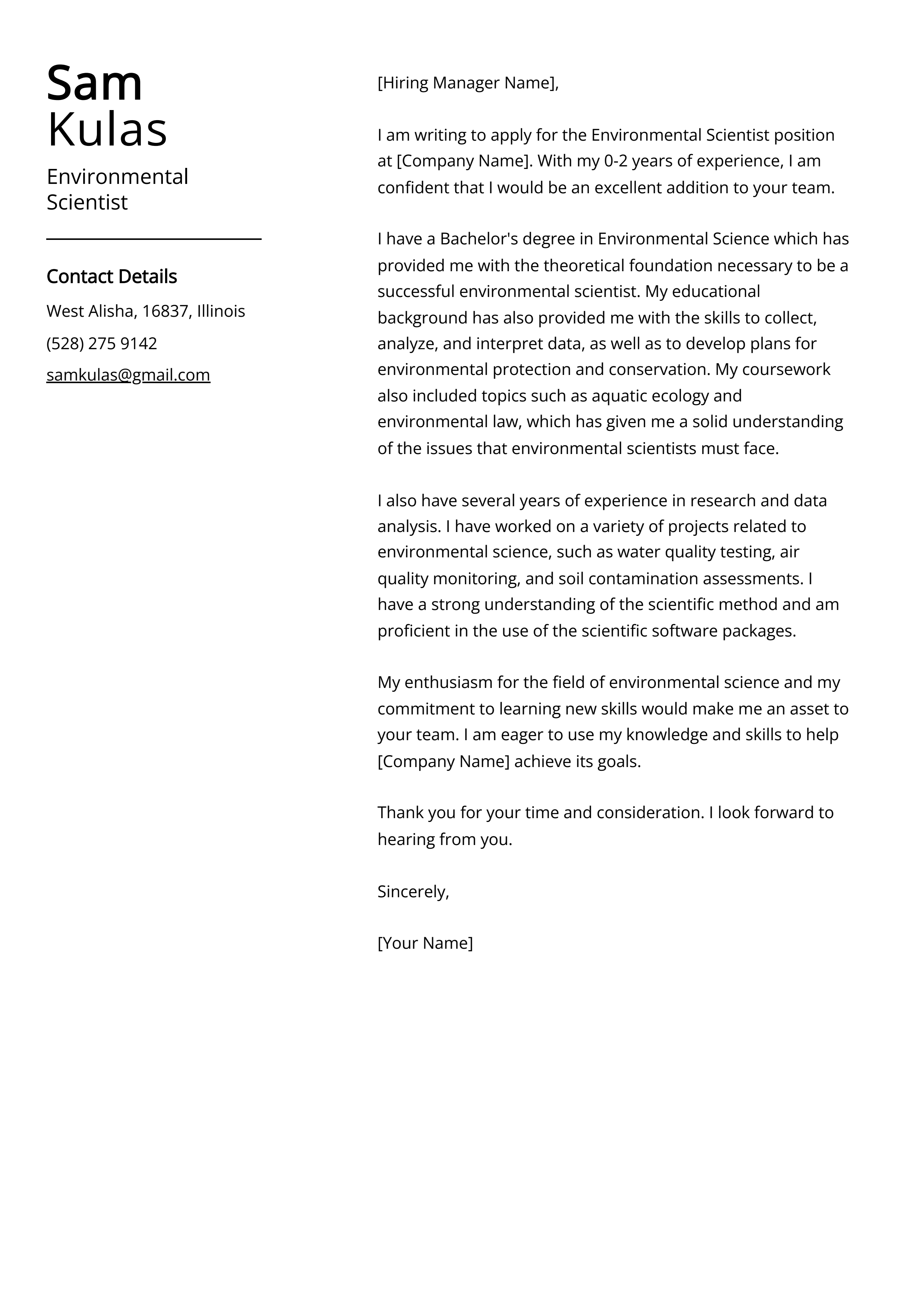 Environmental Scientist Cover Letter Example