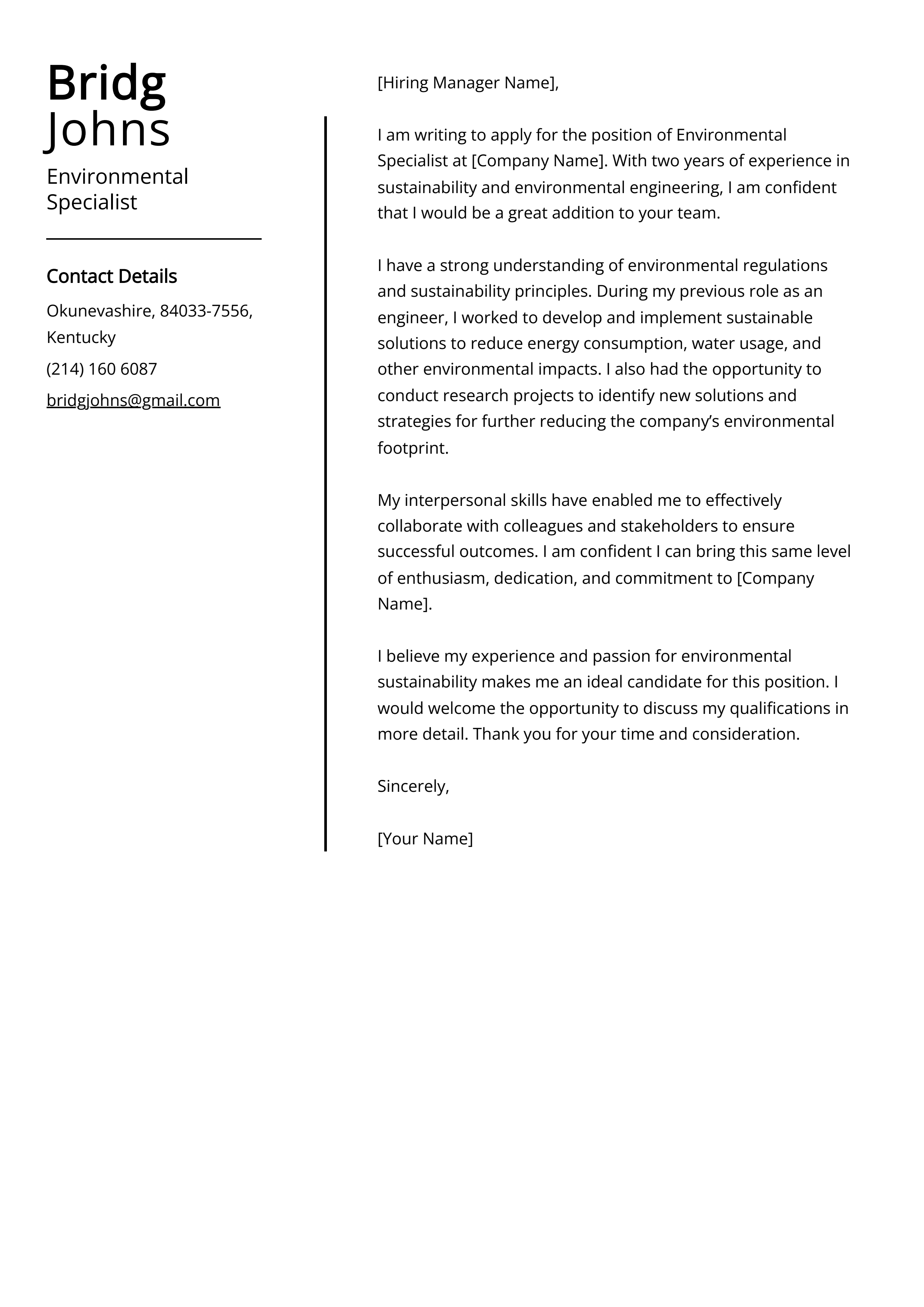 Environmental Specialist Cover Letter Example