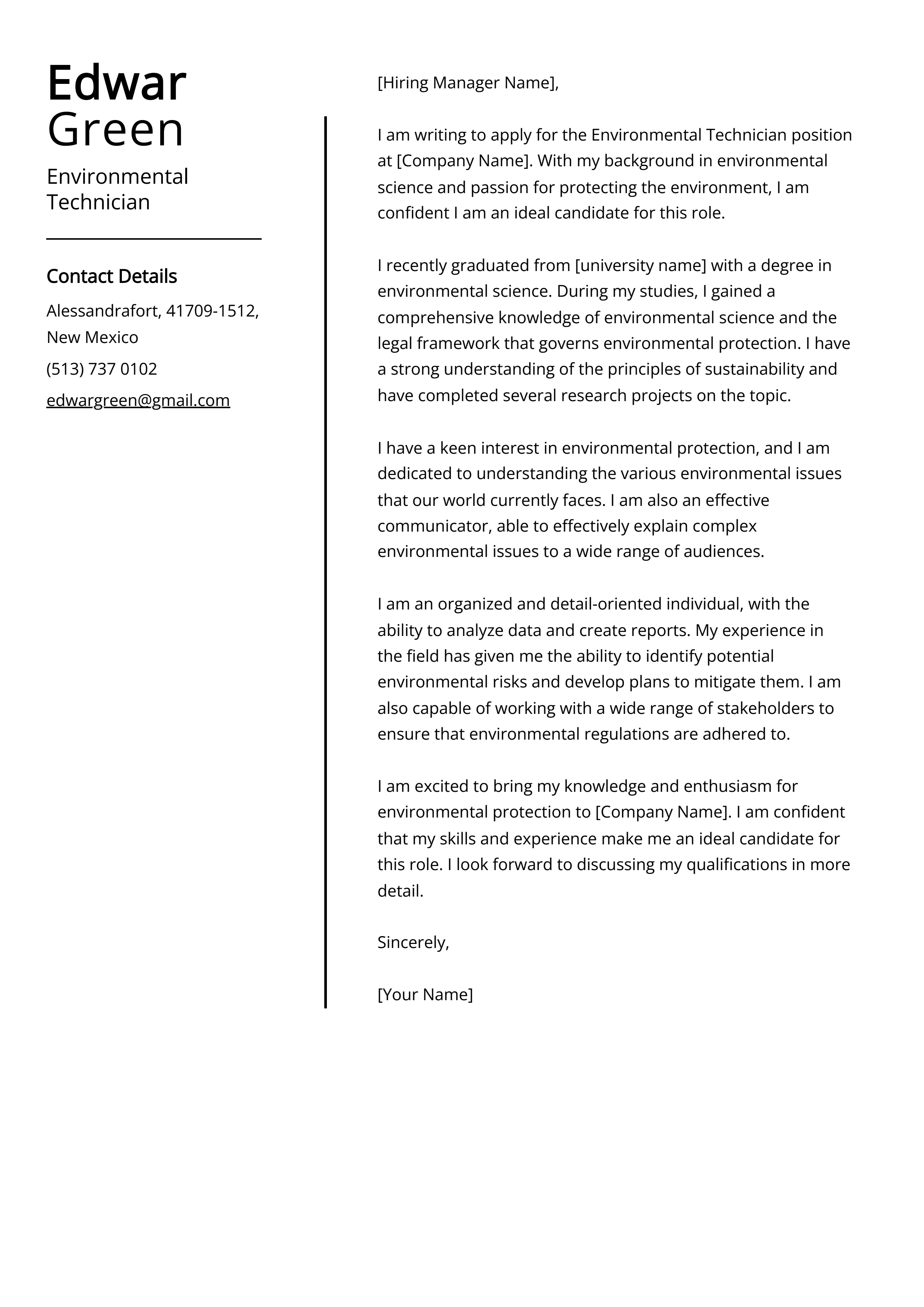 Environmental Technician Cover Letter Example