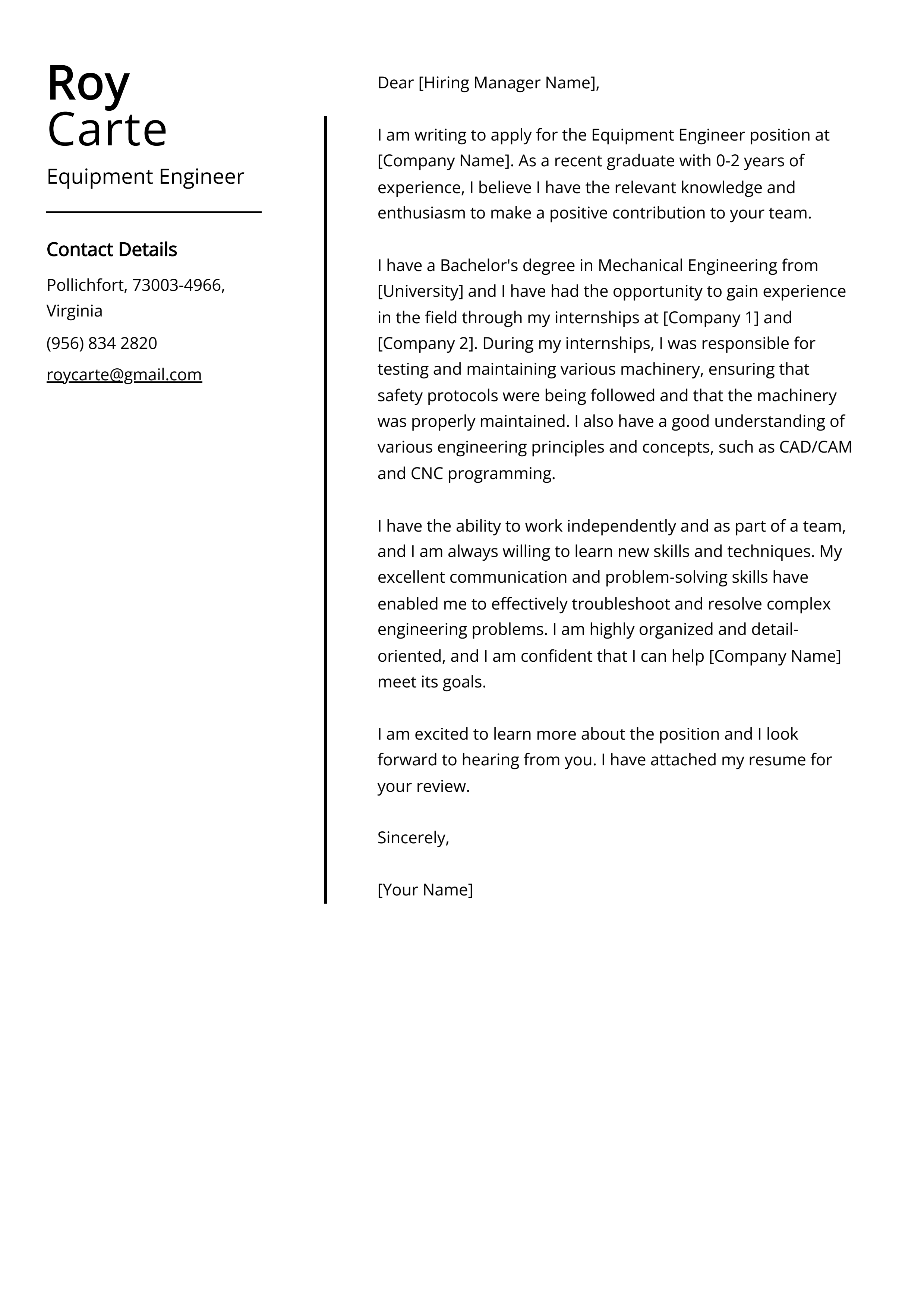 Equipment Engineer Cover Letter Example