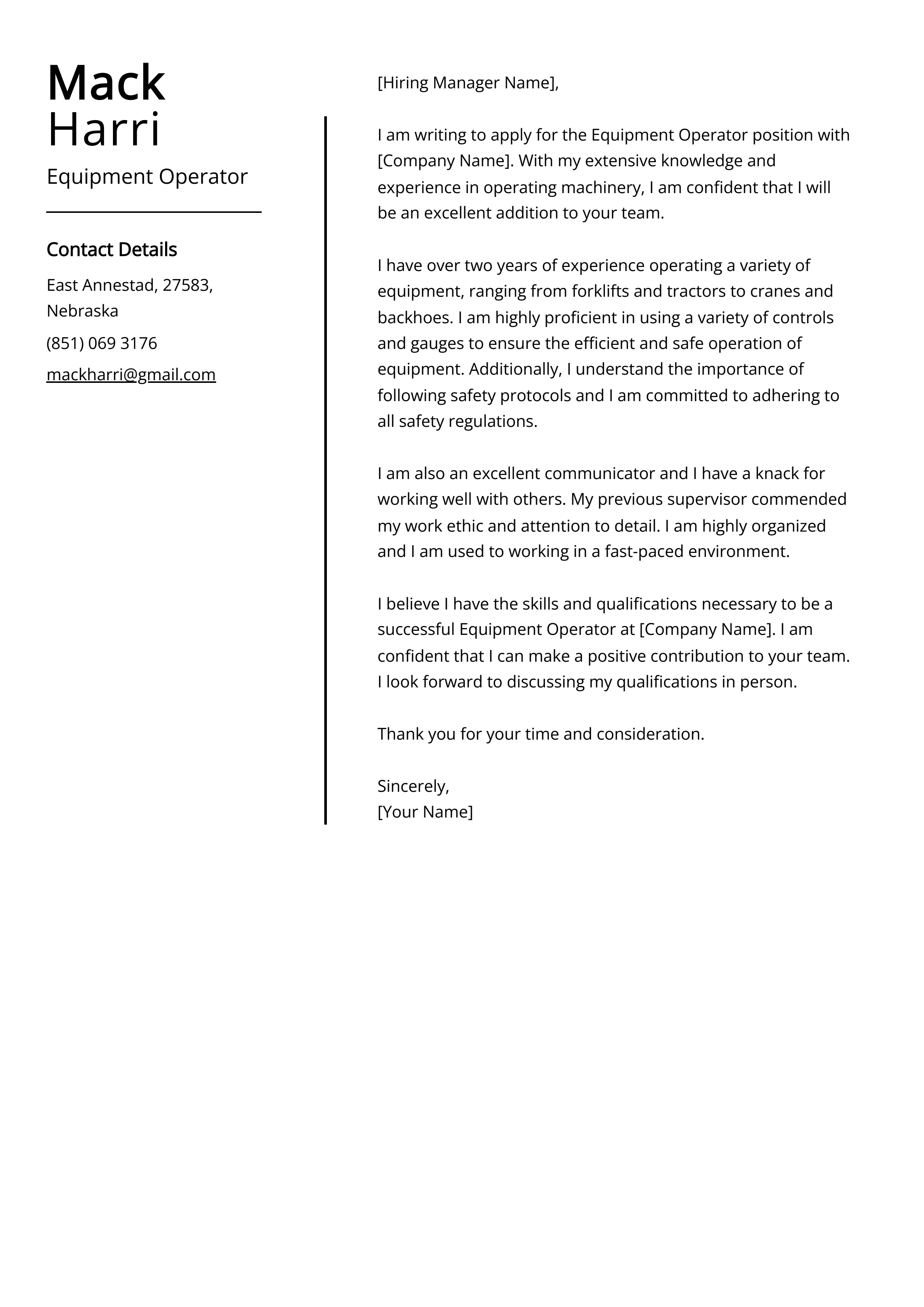 Equipment Operator Cover Letter Example