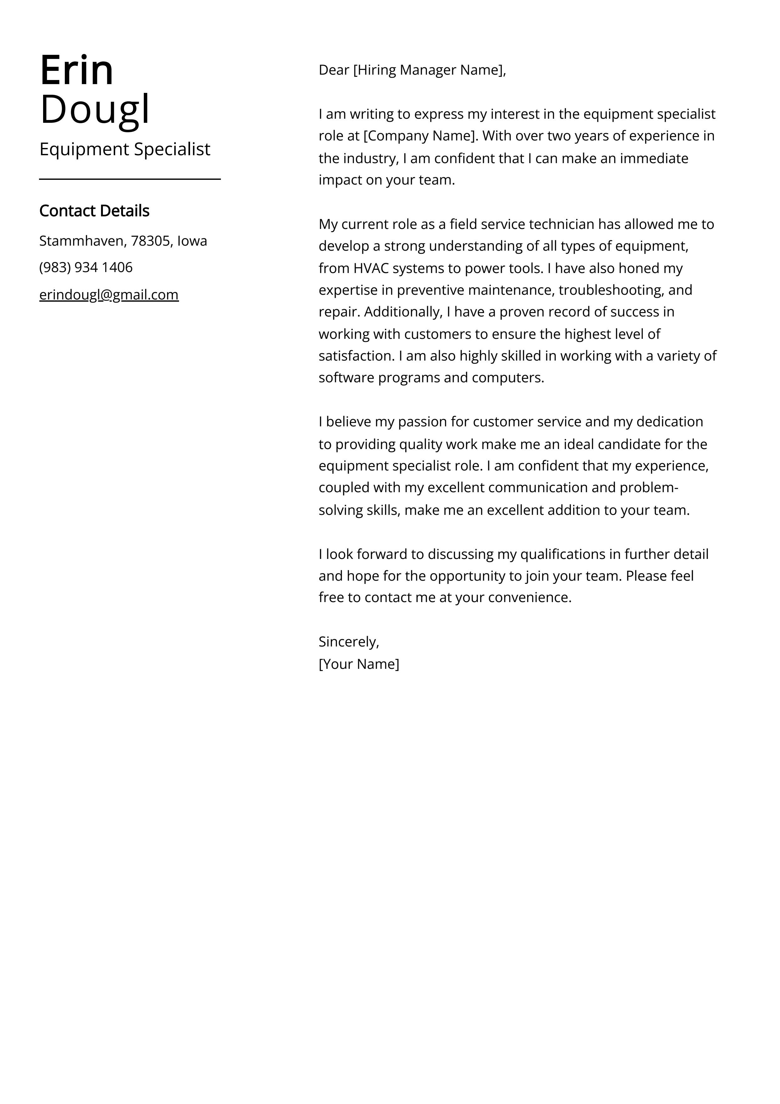 Equipment Specialist Cover Letter Example