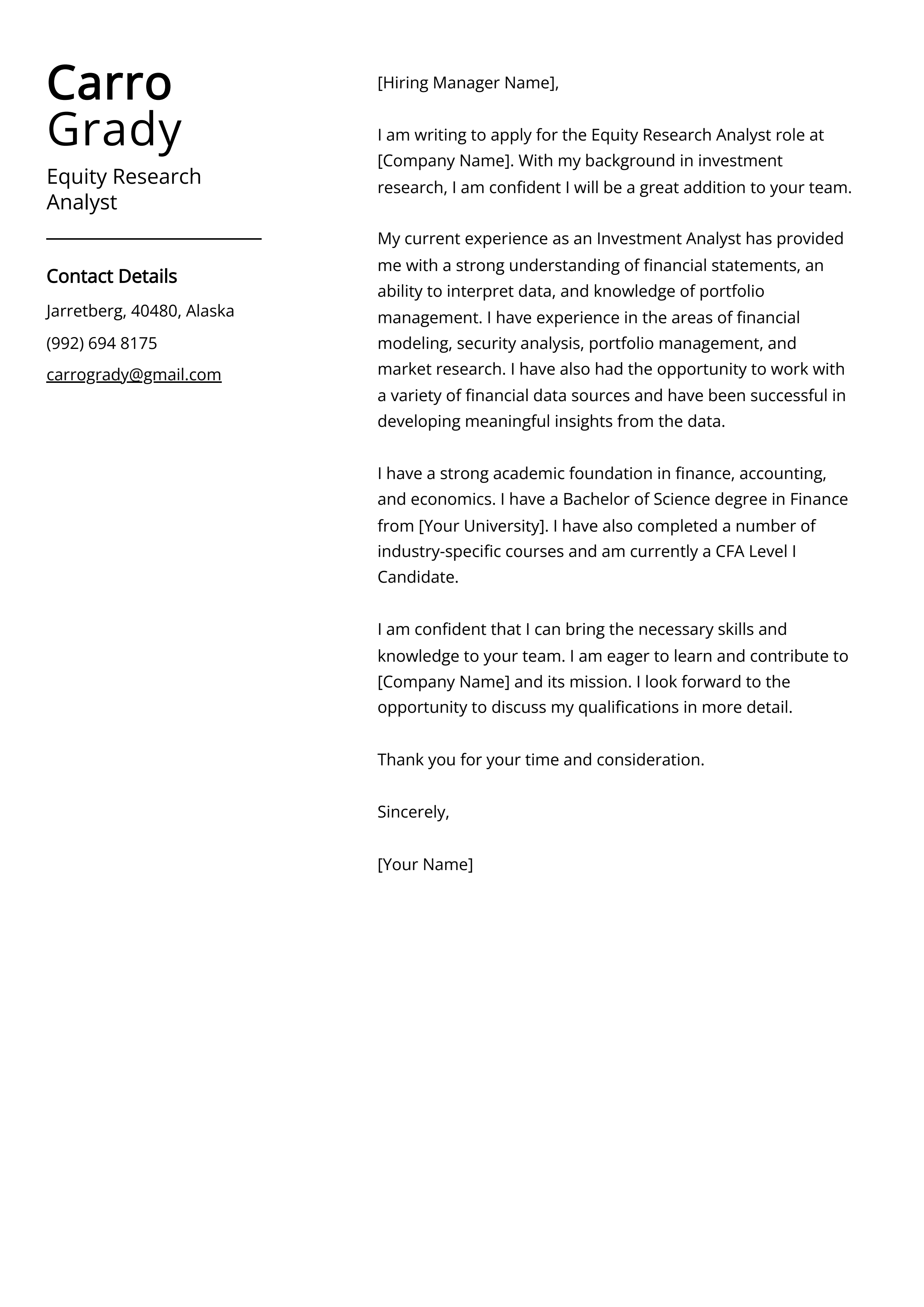 Equity Research Analyst Cover Letter Example