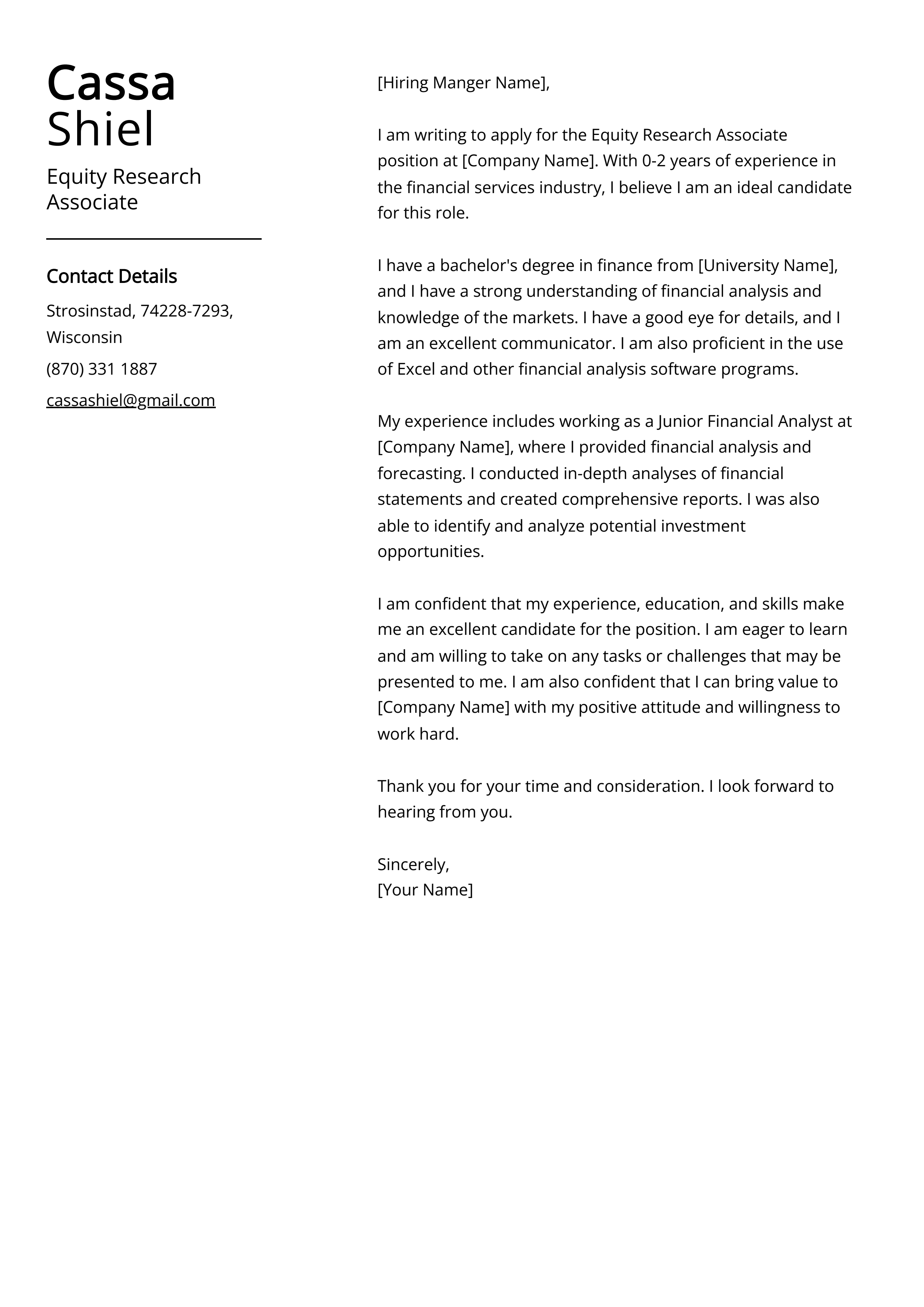 Equity Research Associate Cover Letter Example