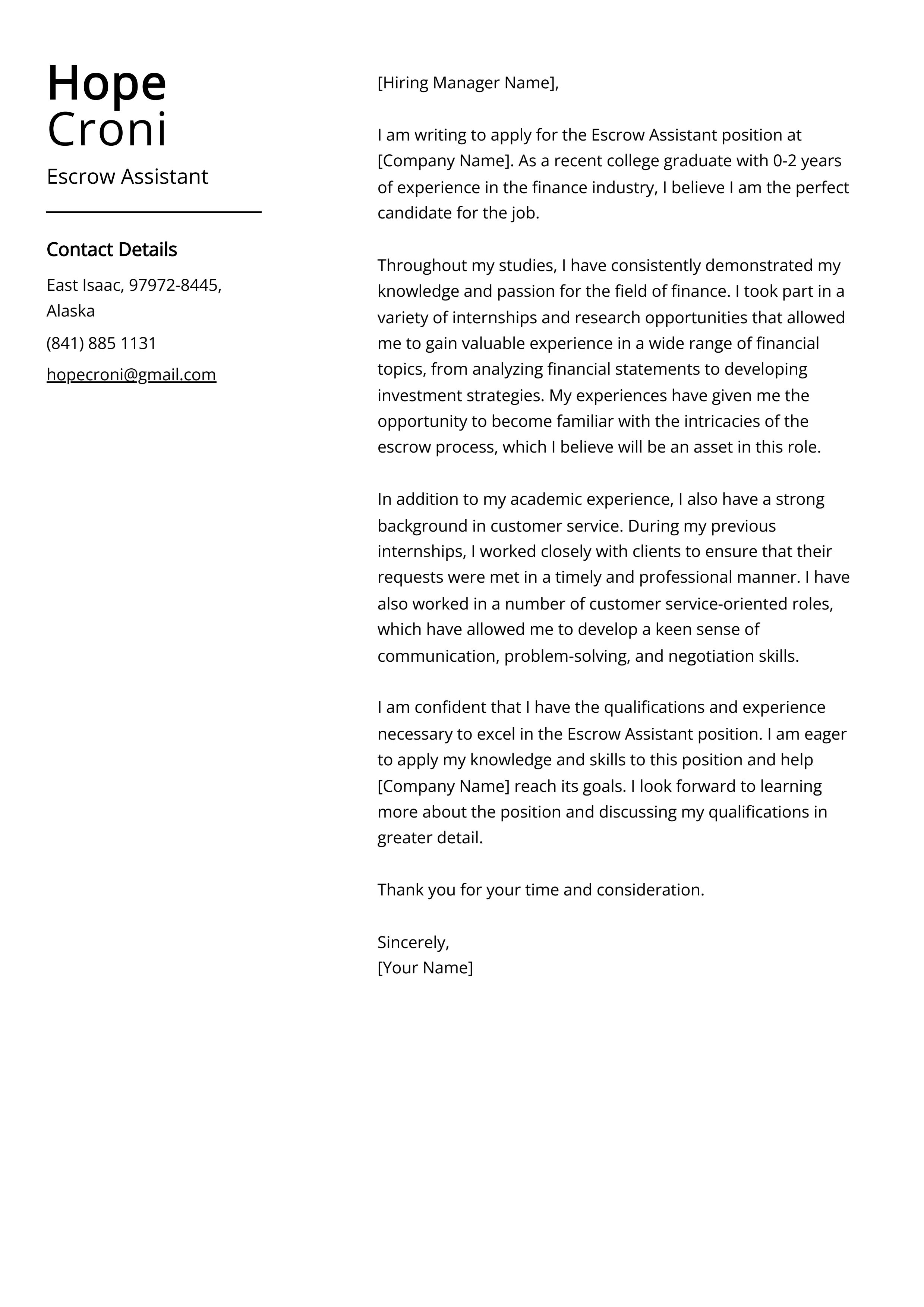 Escrow Assistant Cover Letter Example