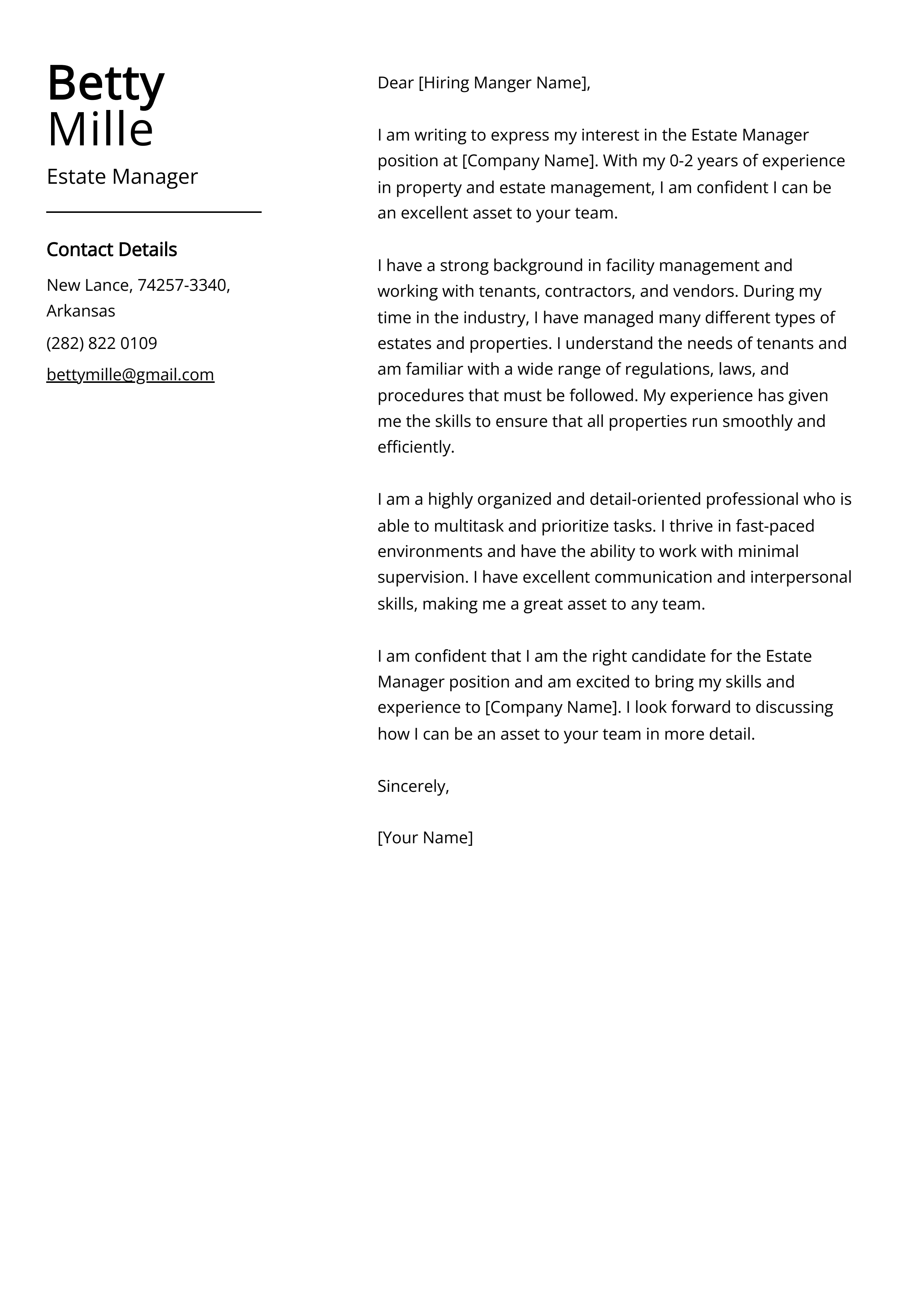 Estate Manager Cover Letter Example