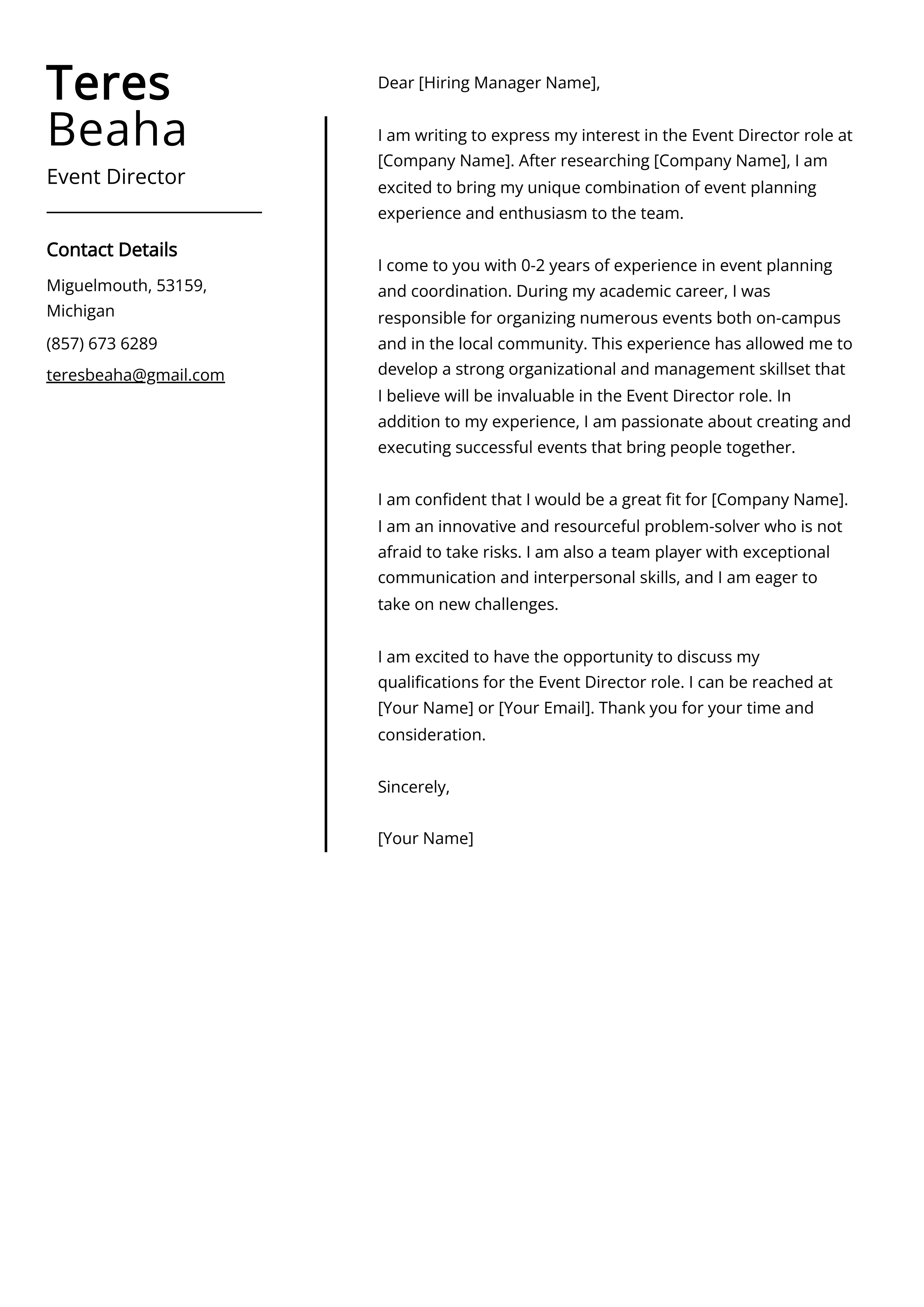 Event Director Cover Letter Example