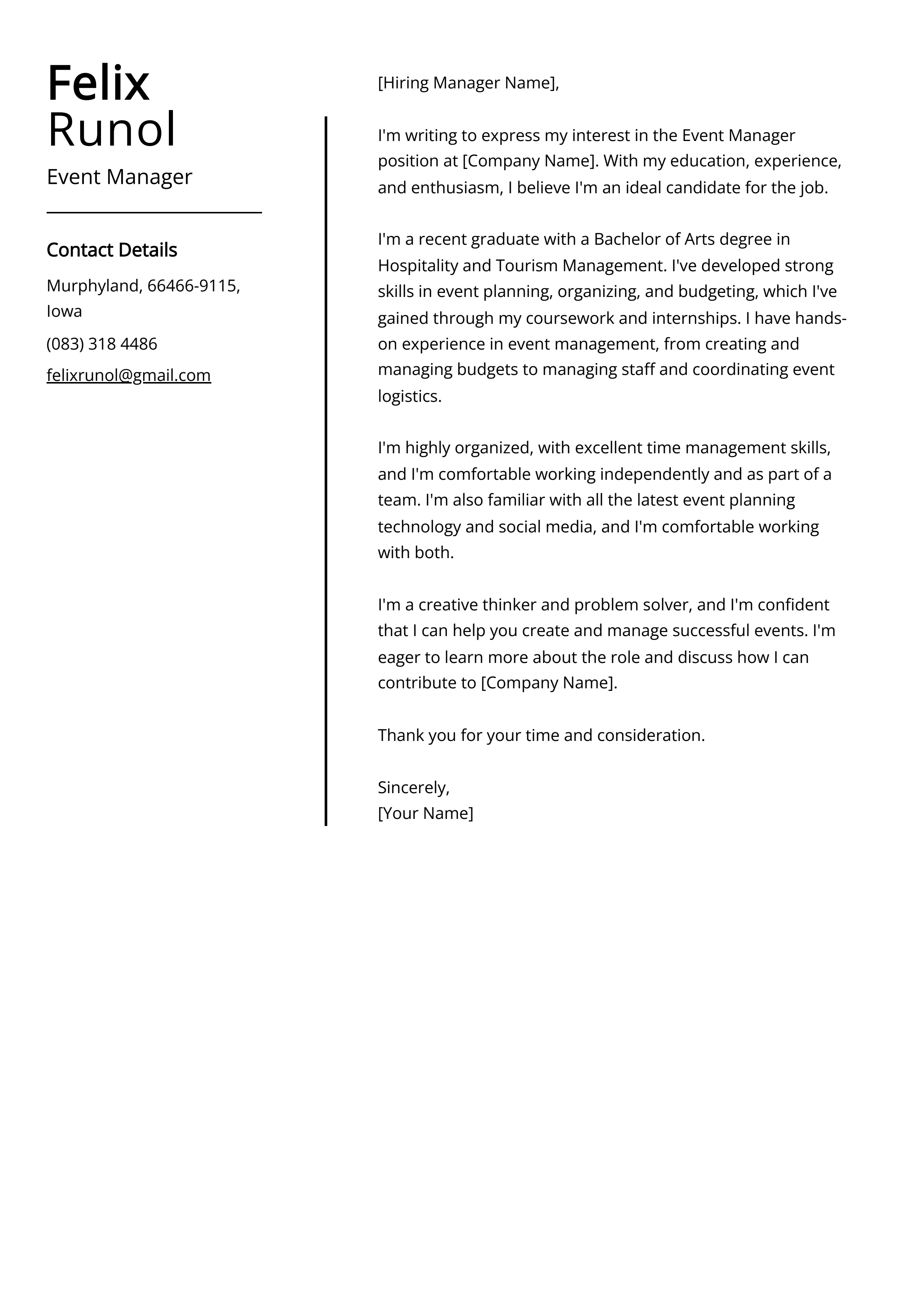 Event Manager Cover Letter Example