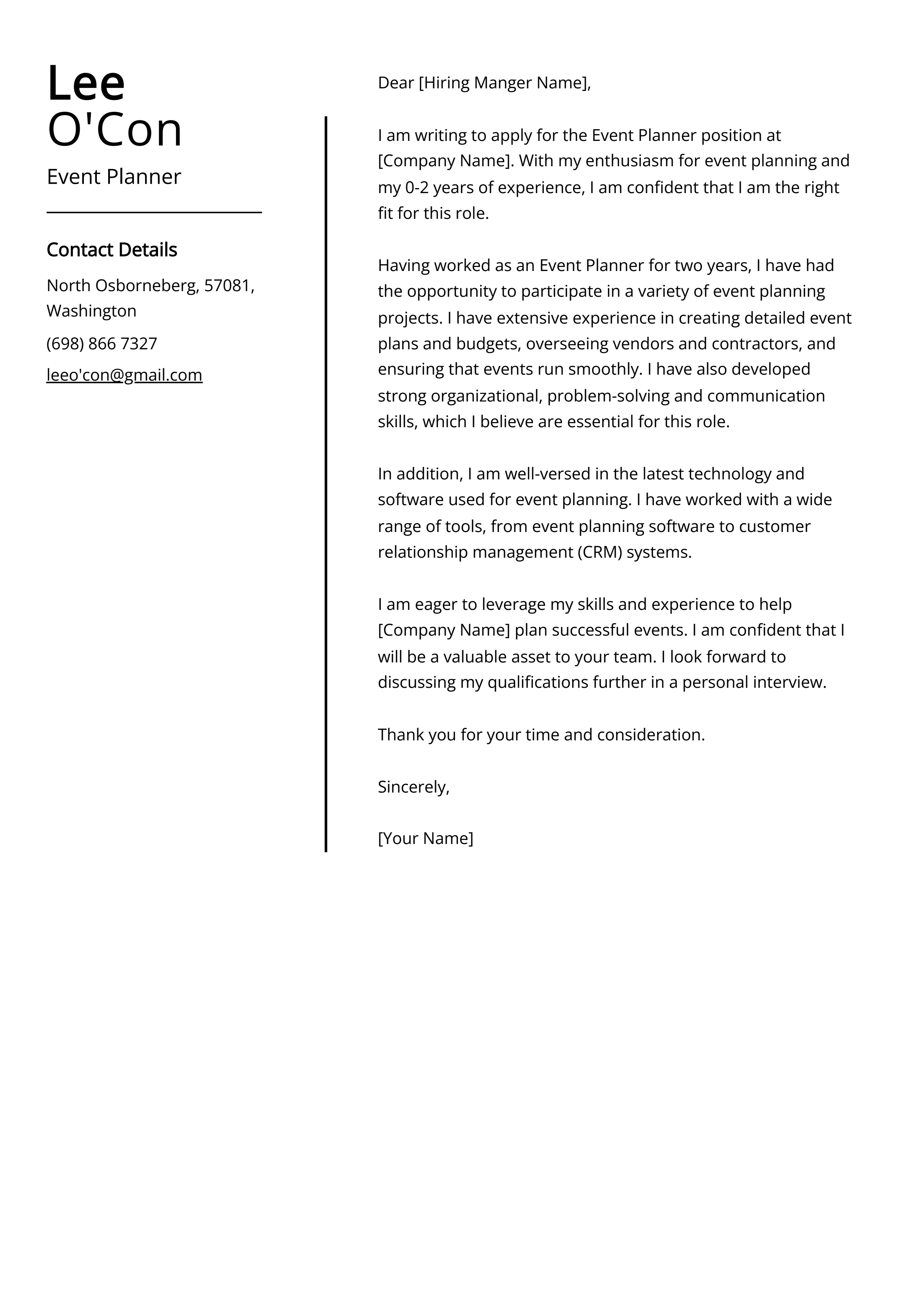 Experienced Event Planner Cover Letter Example
