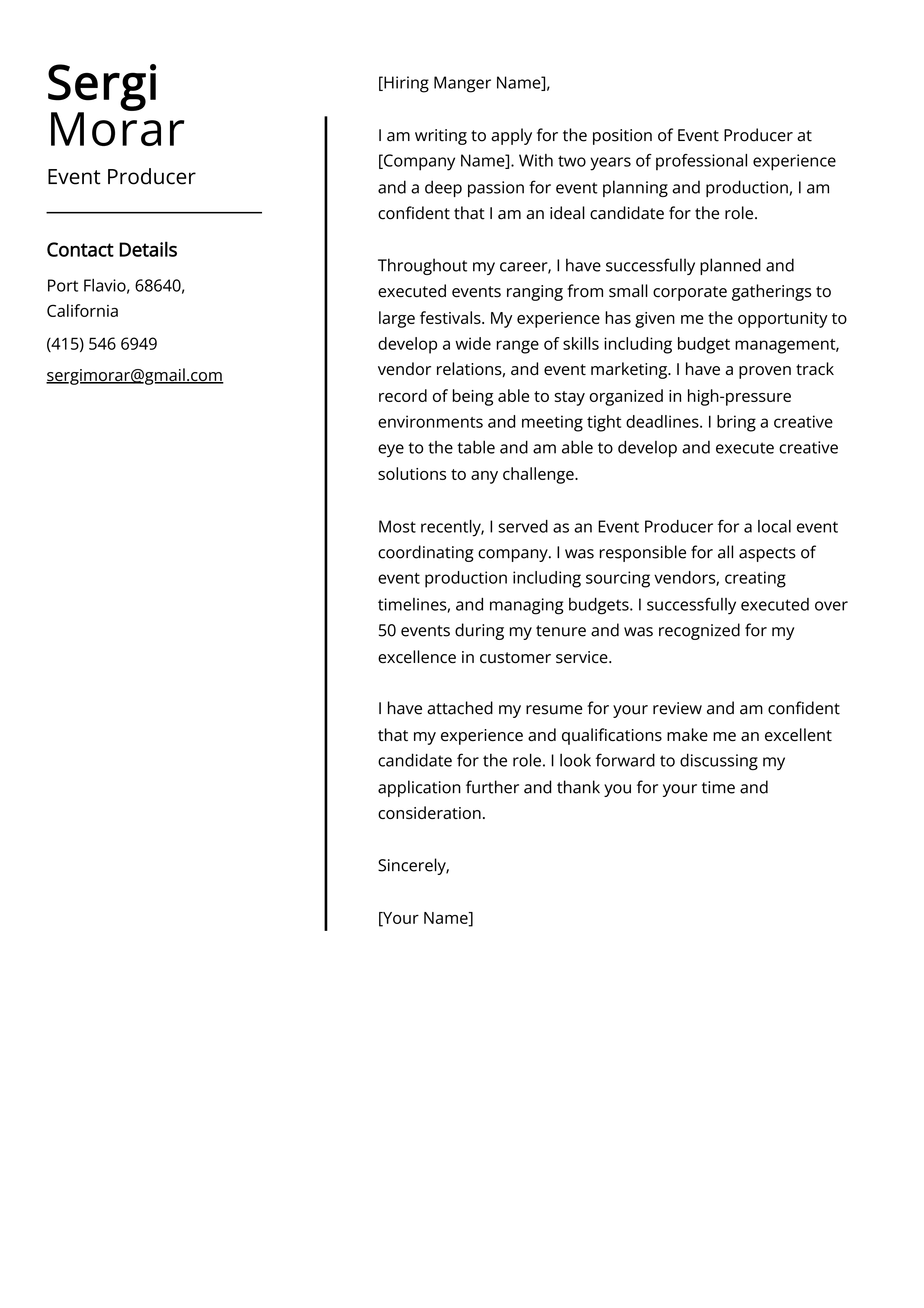 Event Producer Cover Letter Example