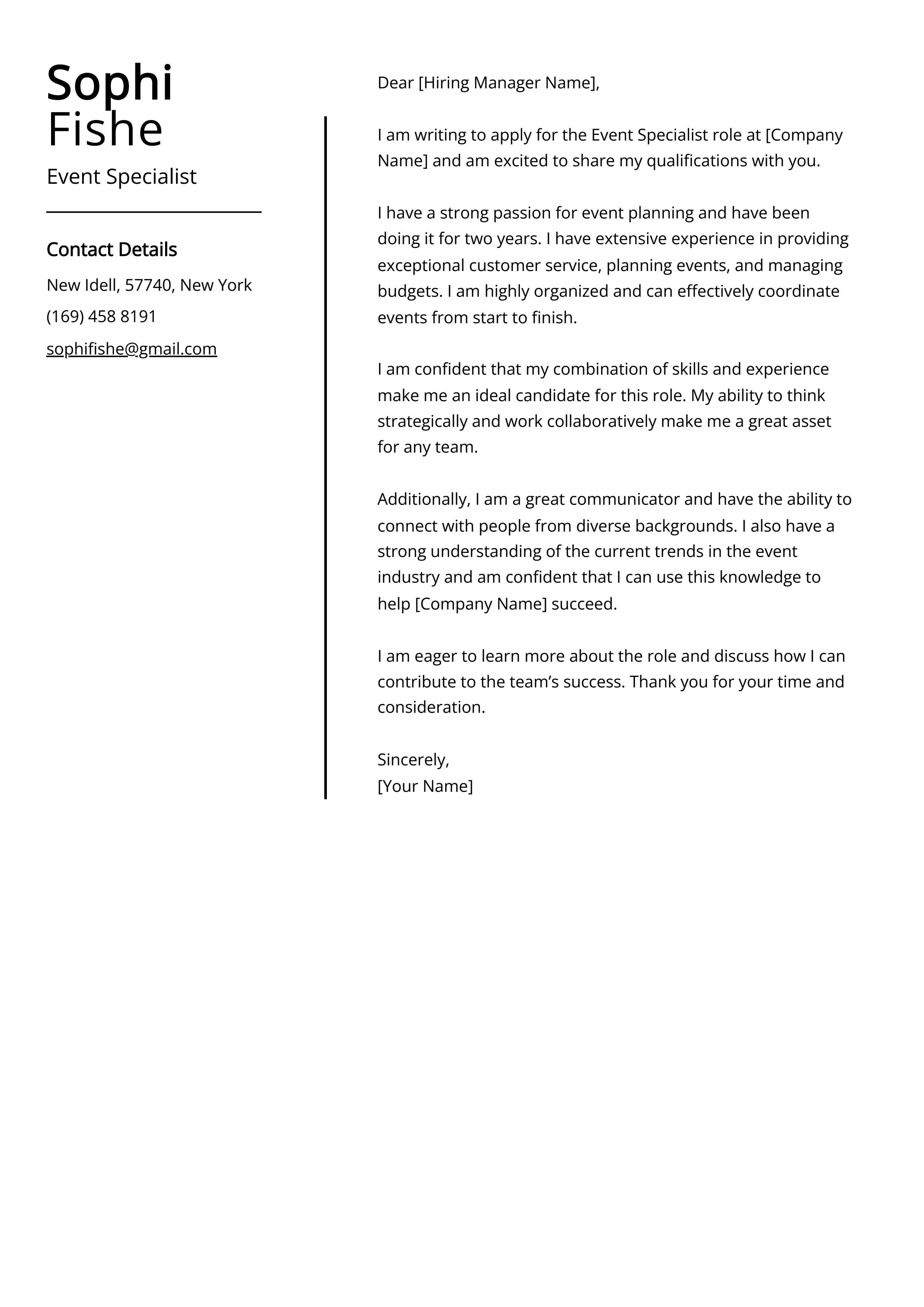 Event Specialist Cover Letter Example