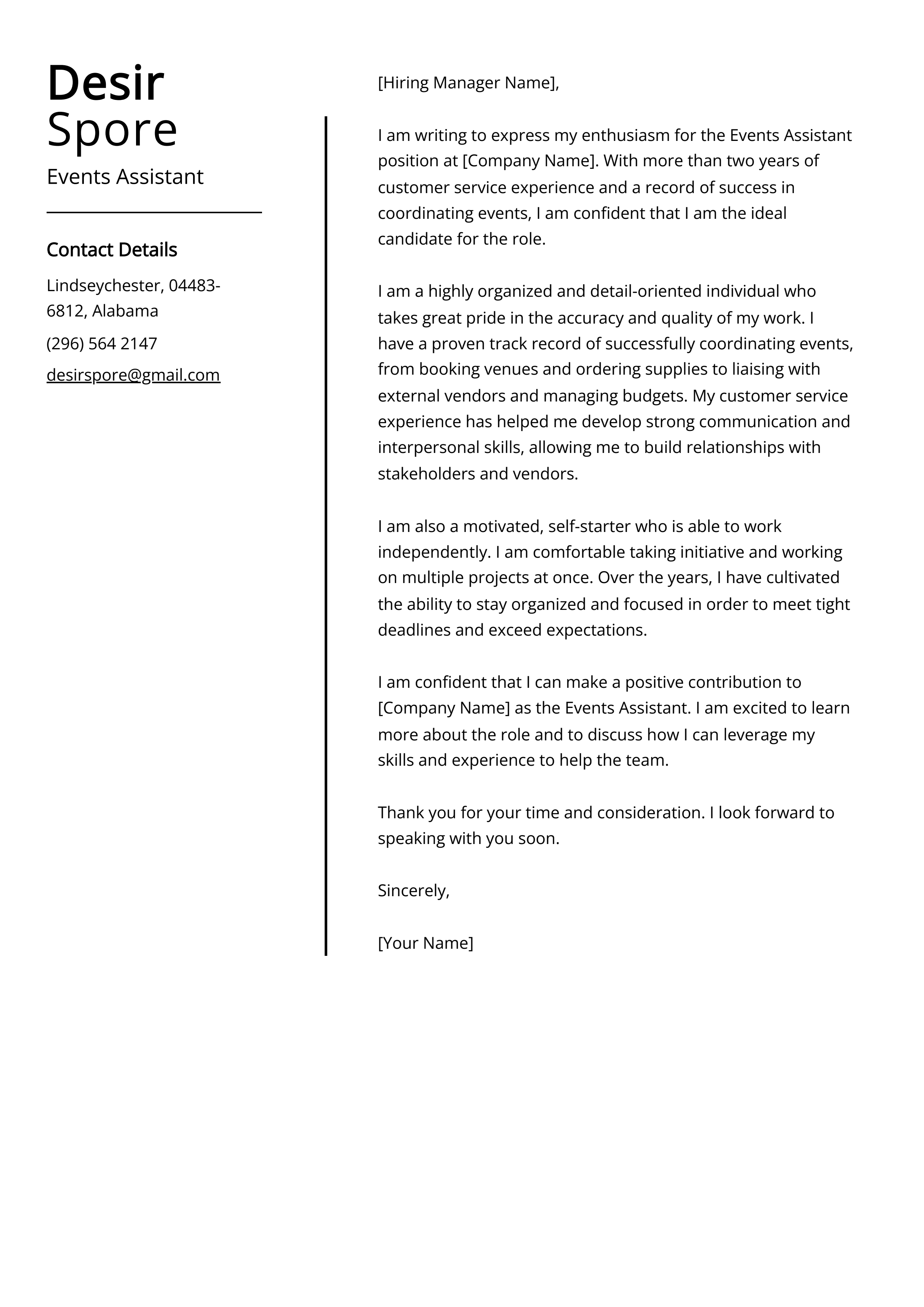 Events Assistant Cover Letter Example