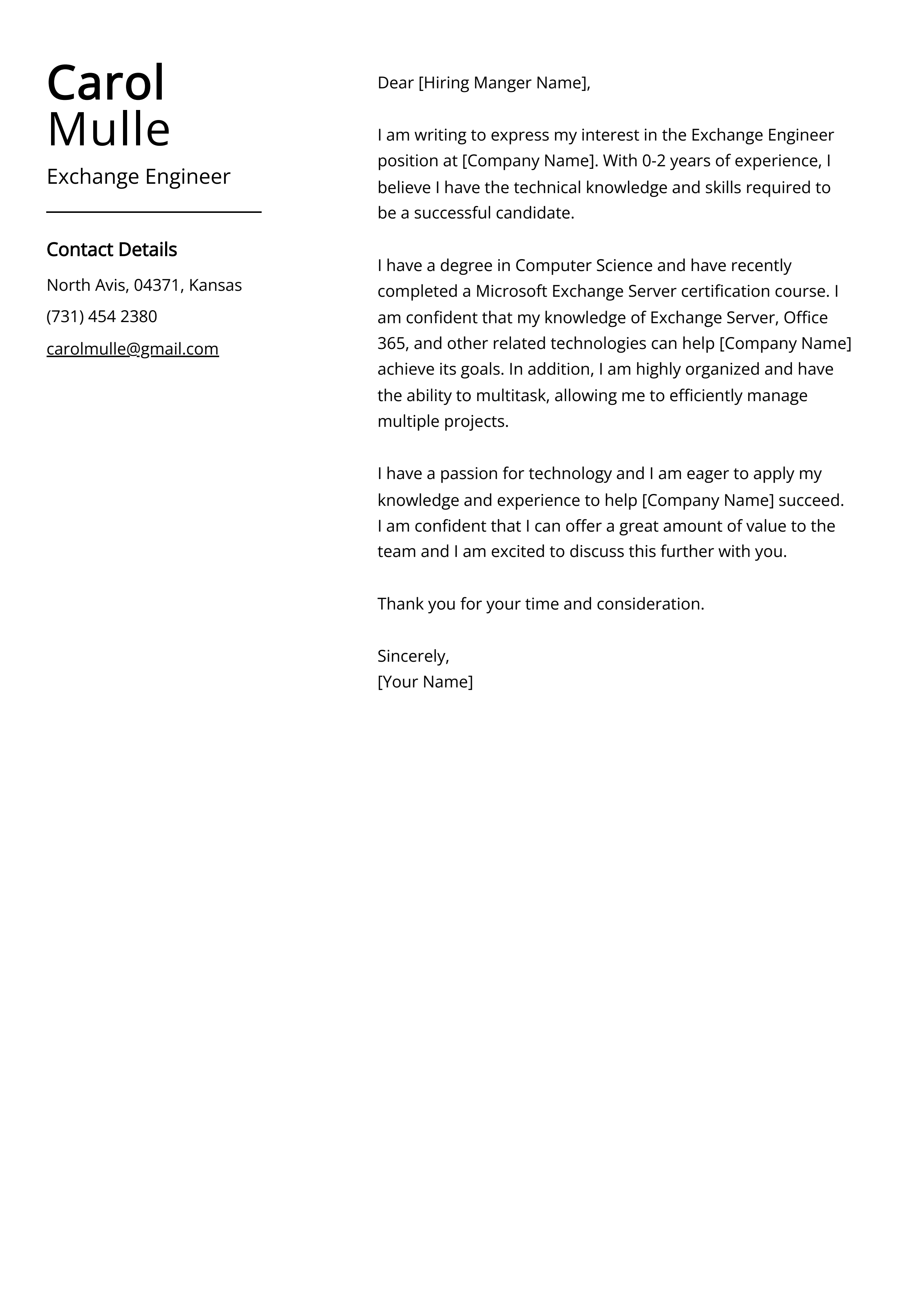 Exchange Engineer Cover Letter Example