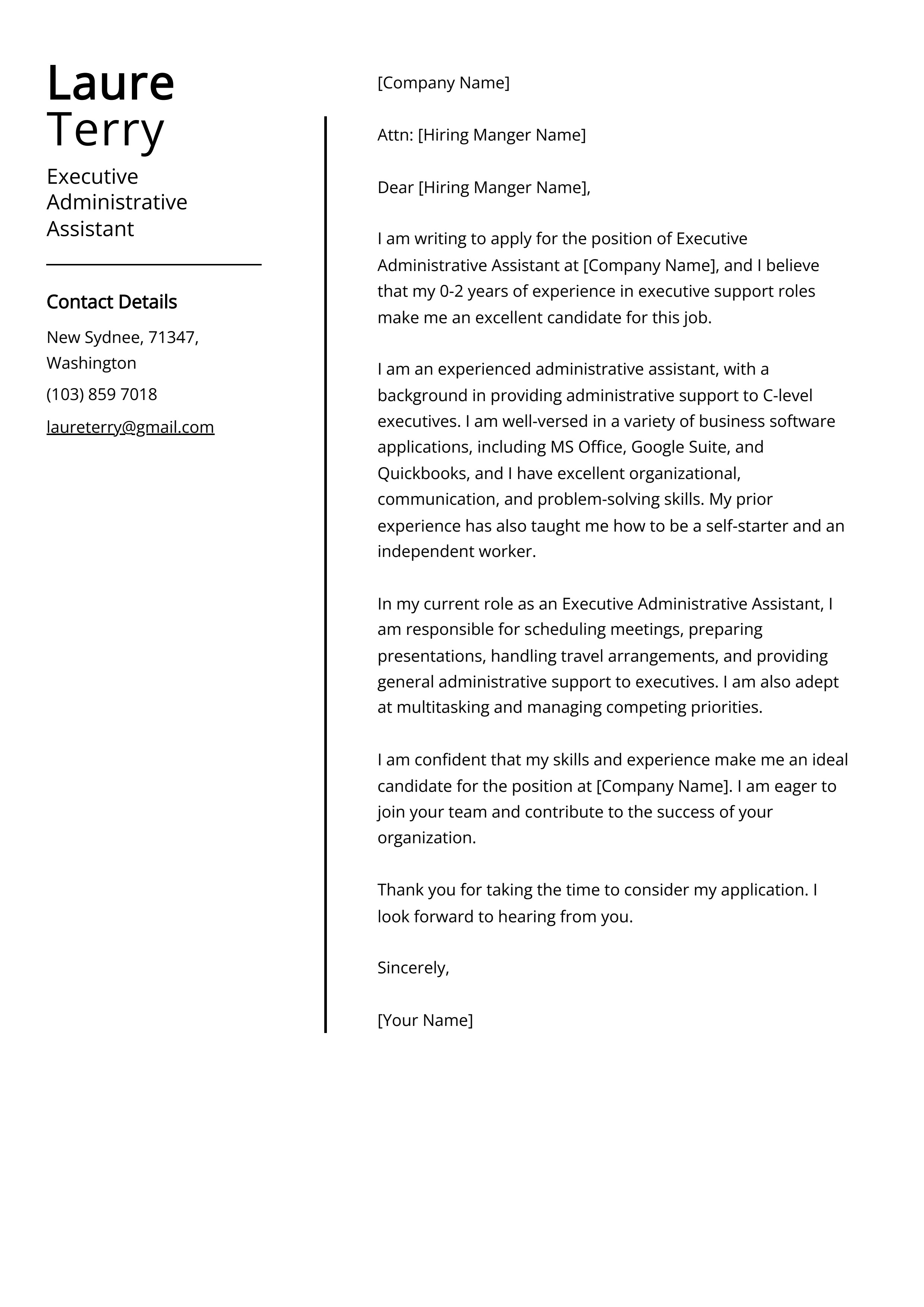 Executive Administrative Assistant Cover Letter Example