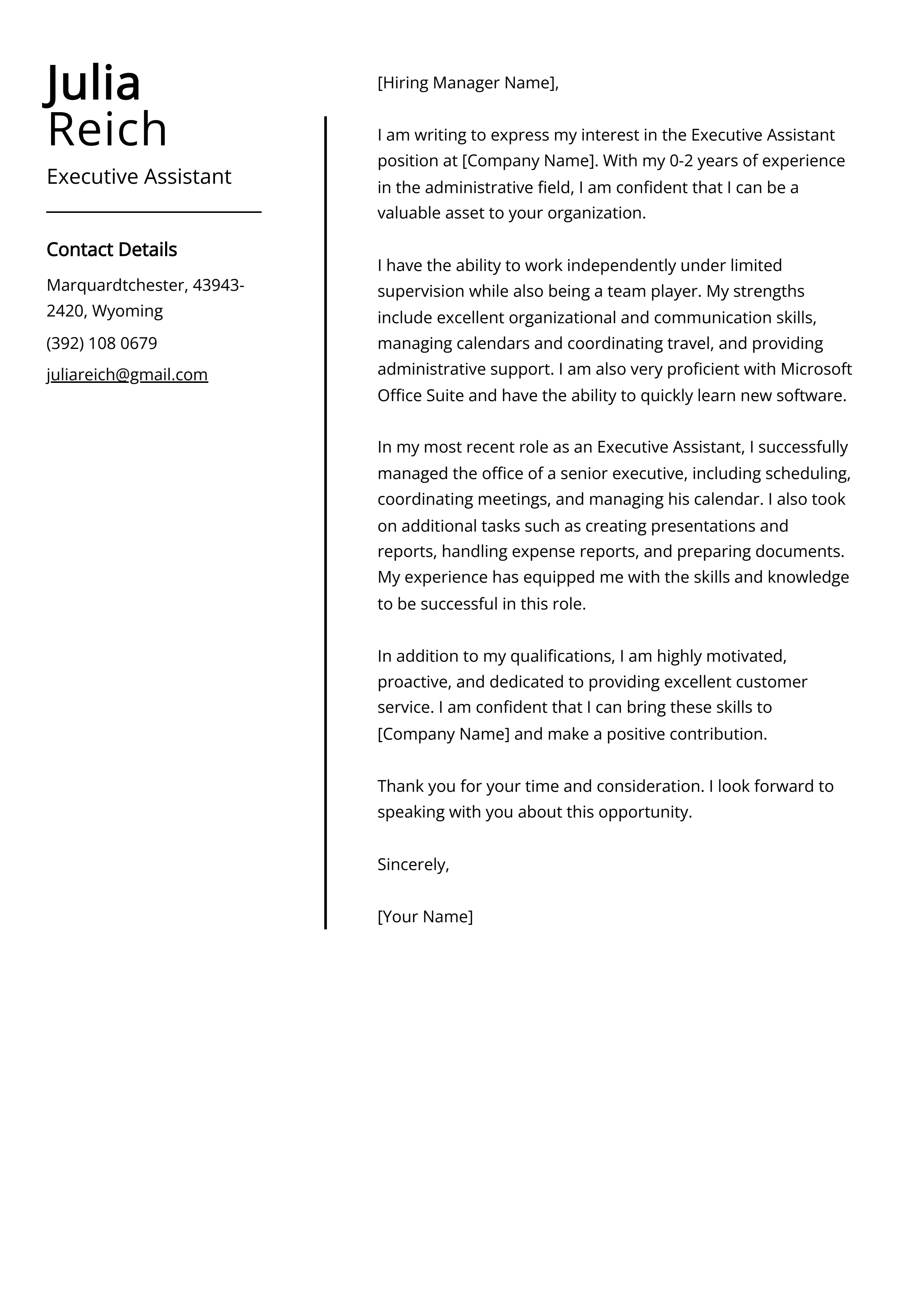 Executive Assistant Cover Letter Example