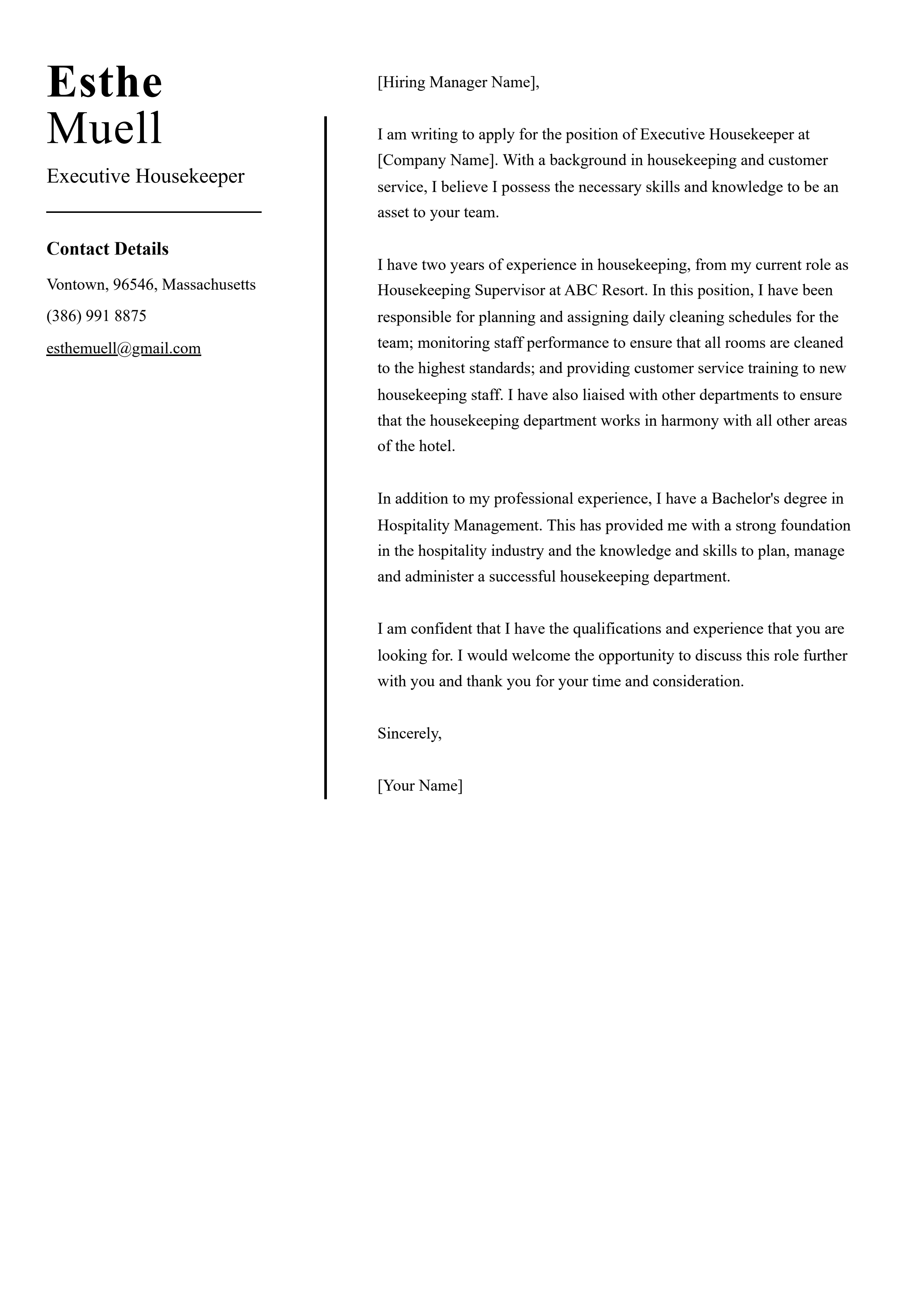 Executive Housekeeper Cover Letter Example