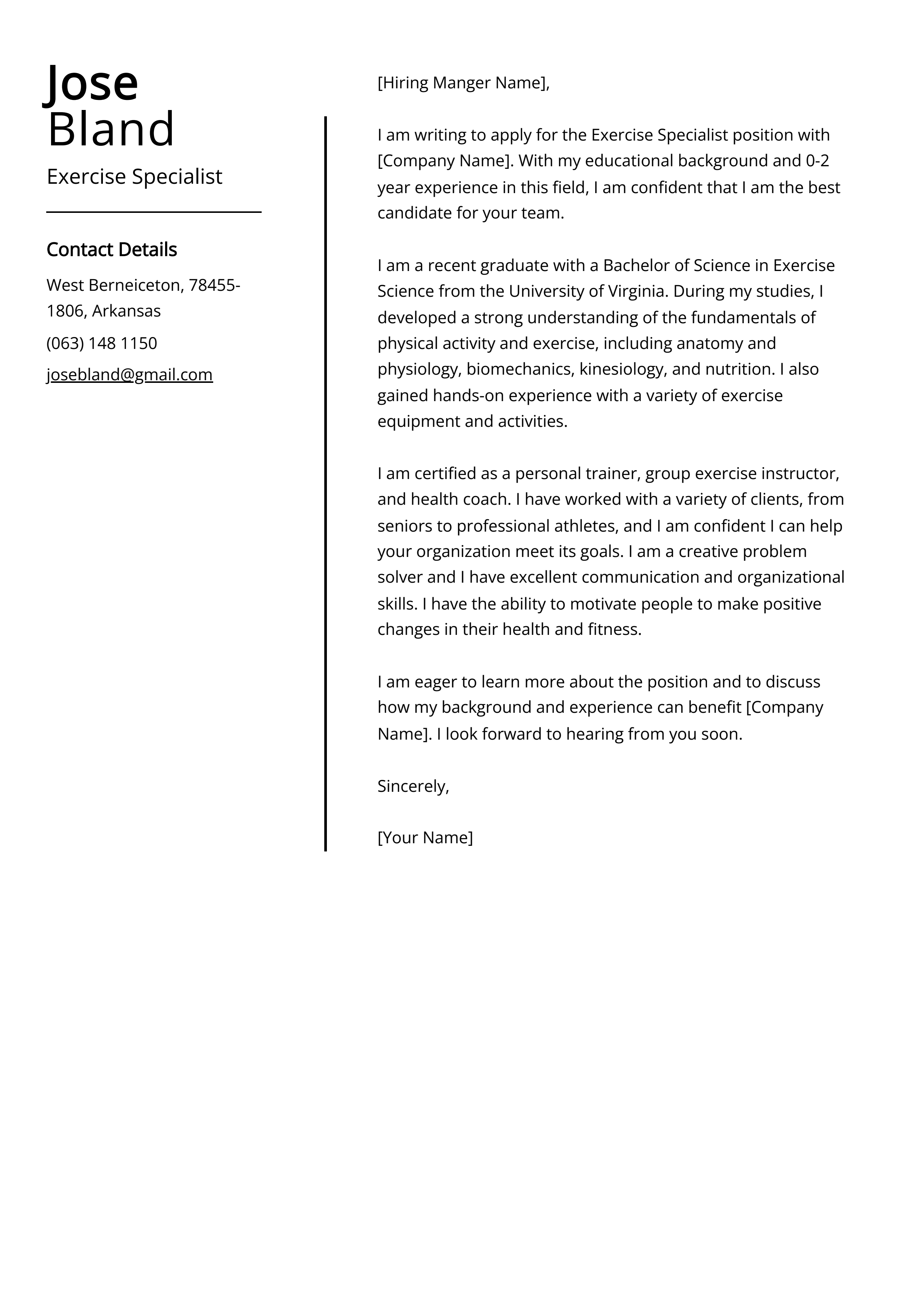 Exercise Specialist Cover Letter Example