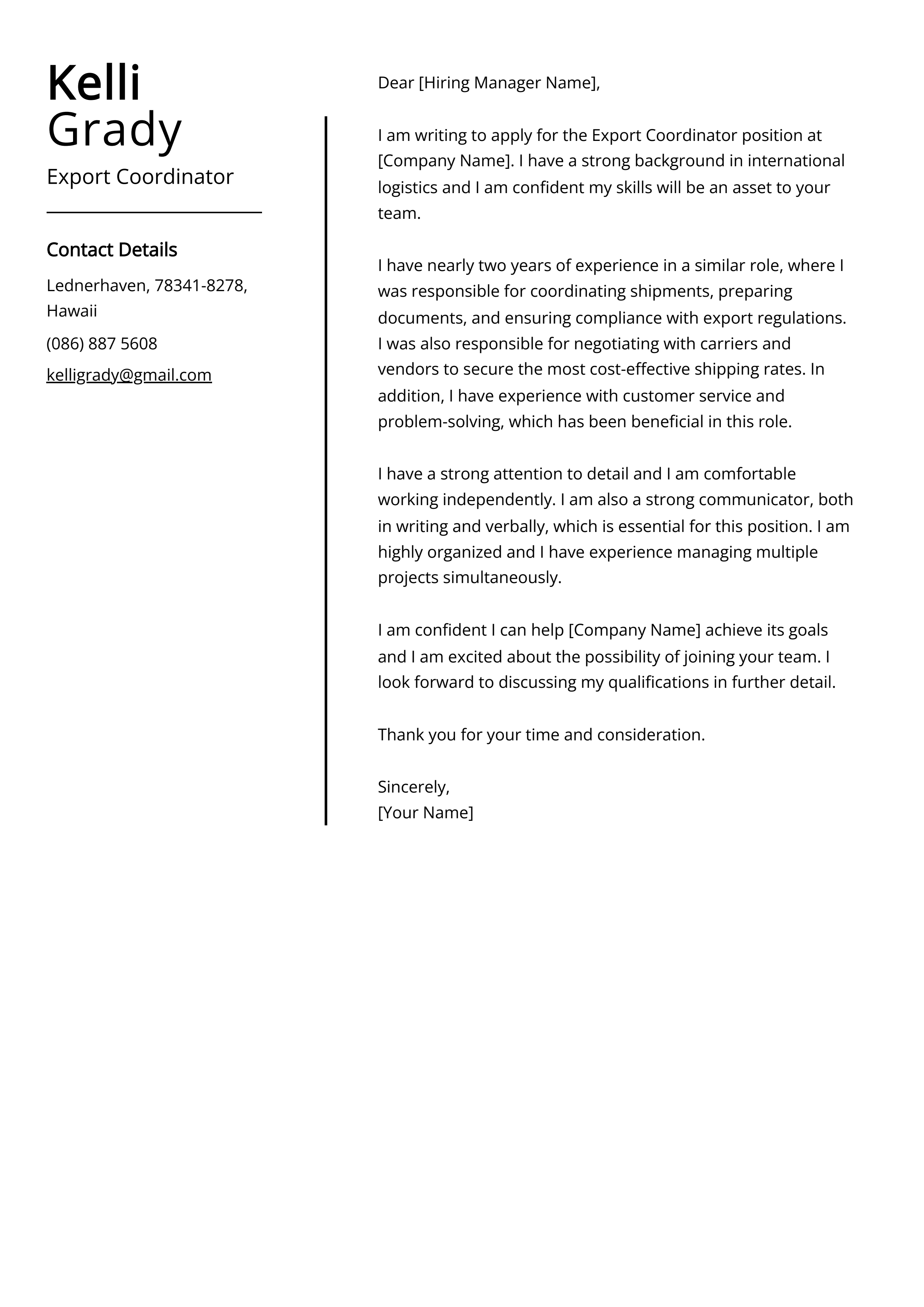 Export Coordinator Cover Letter Example