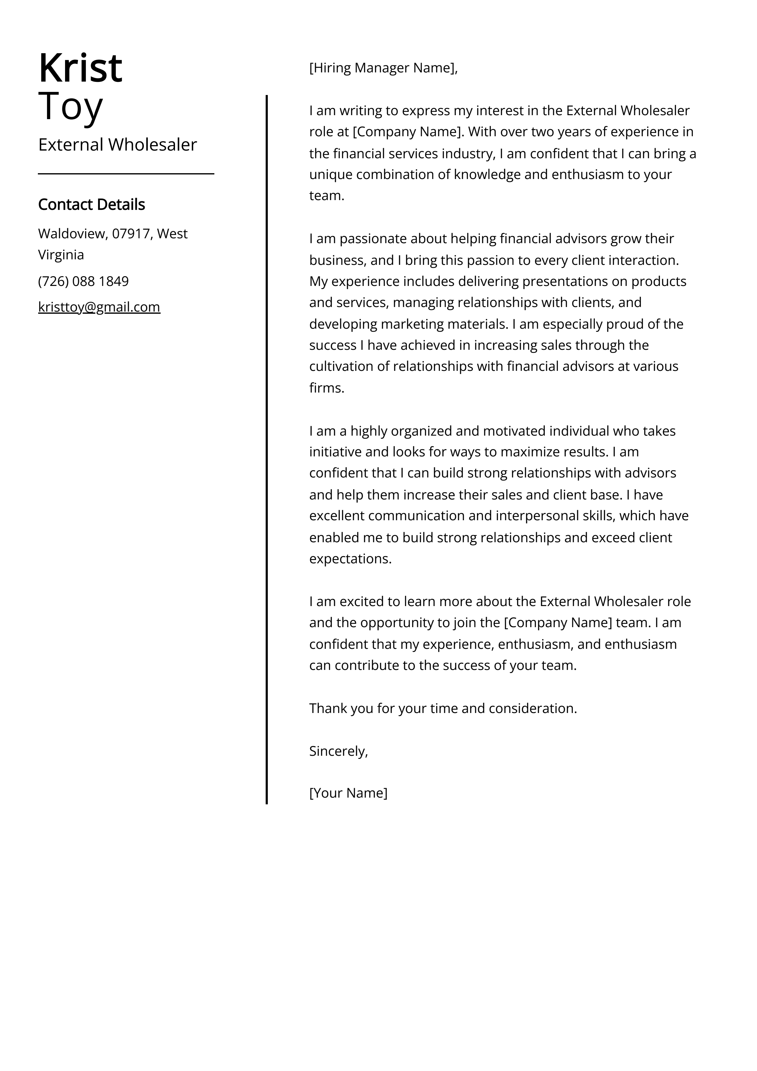 External Wholesaler Cover Letter Example