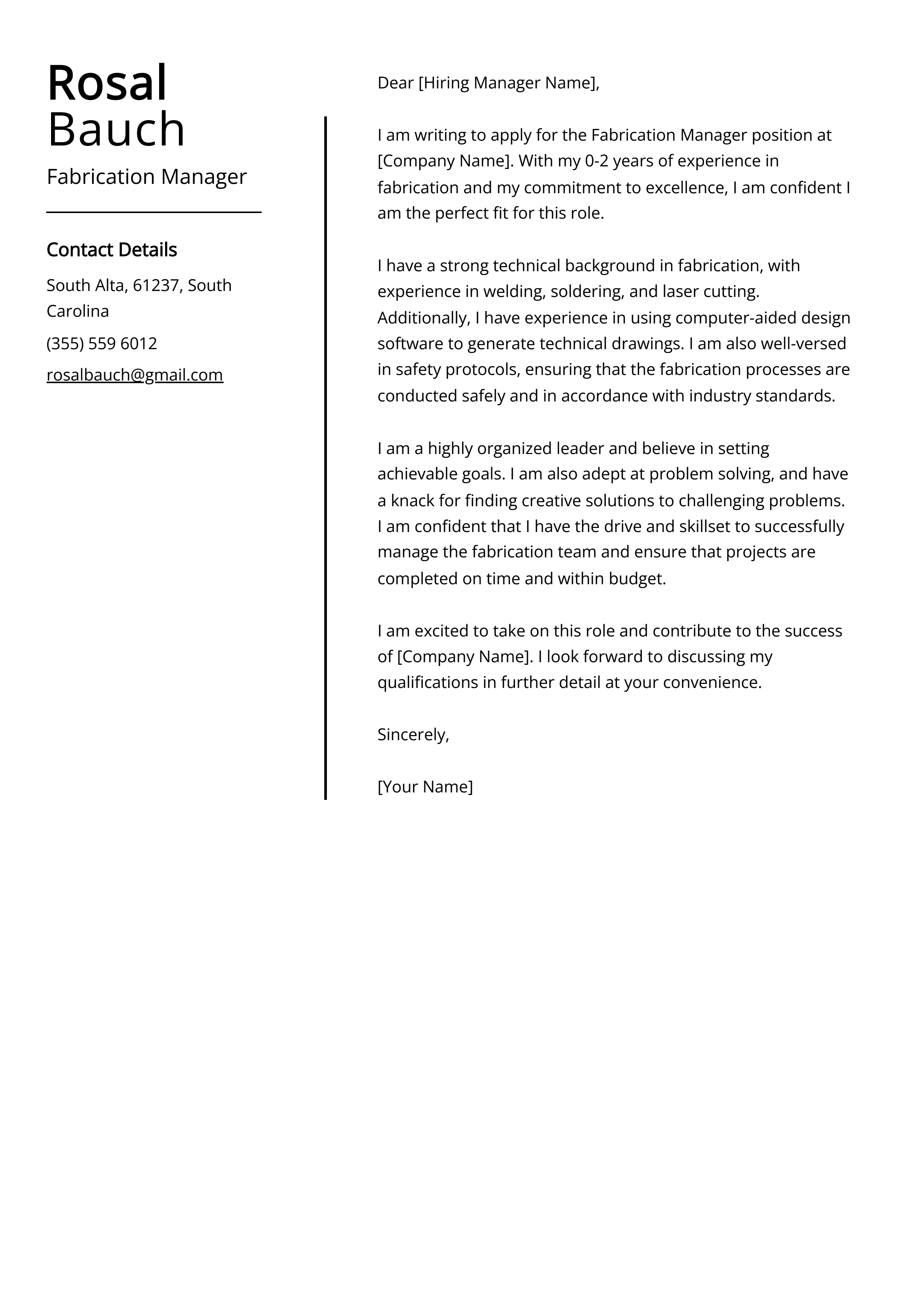 Fabrication Manager Cover Letter Example