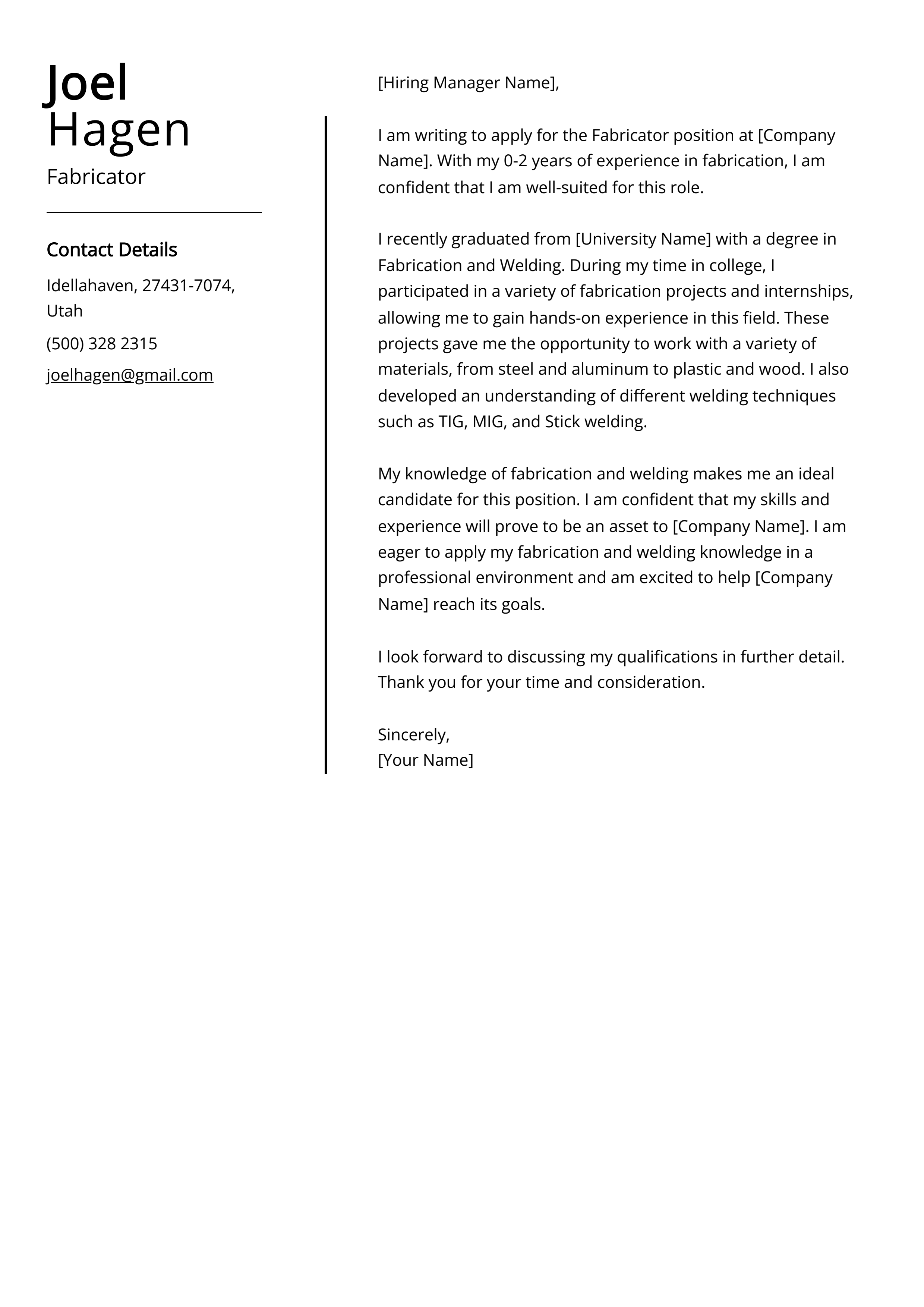 Fabricator Cover Letter Example