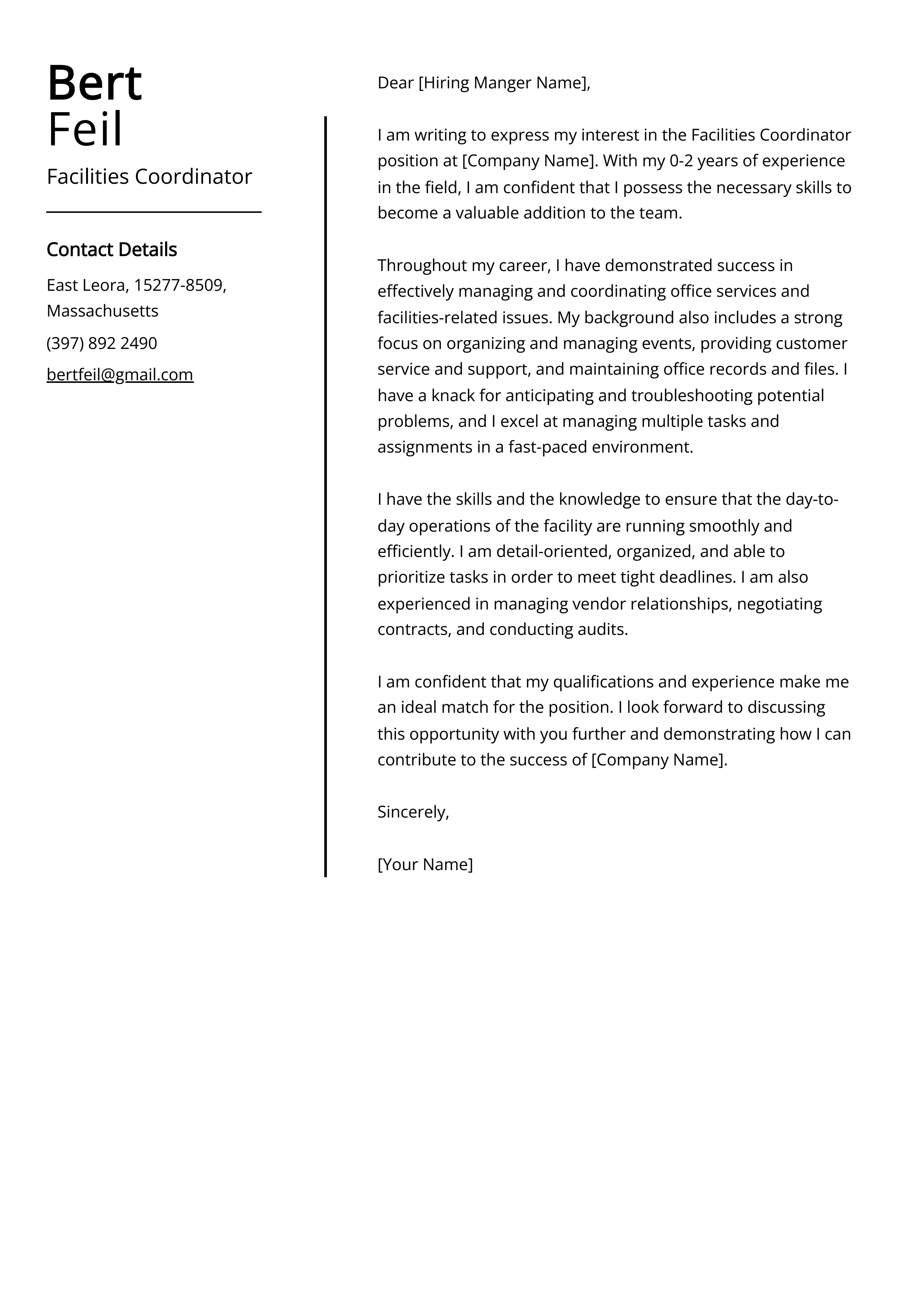 Facilities Coordinator Cover Letter Example
