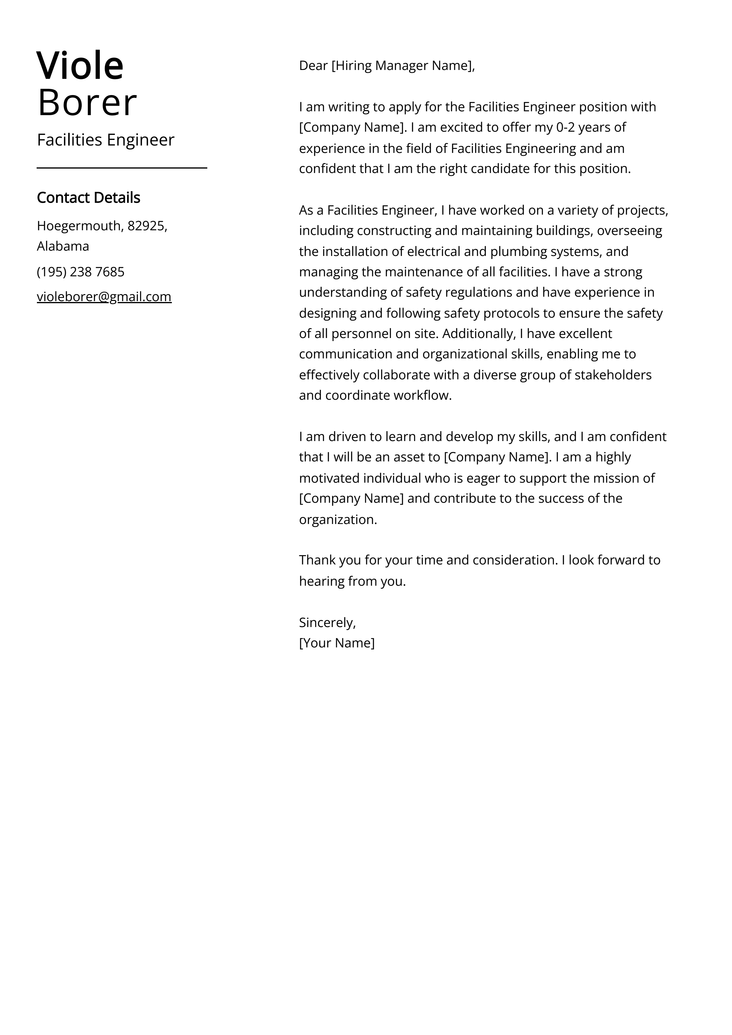 Facilities Engineer Cover Letter Example