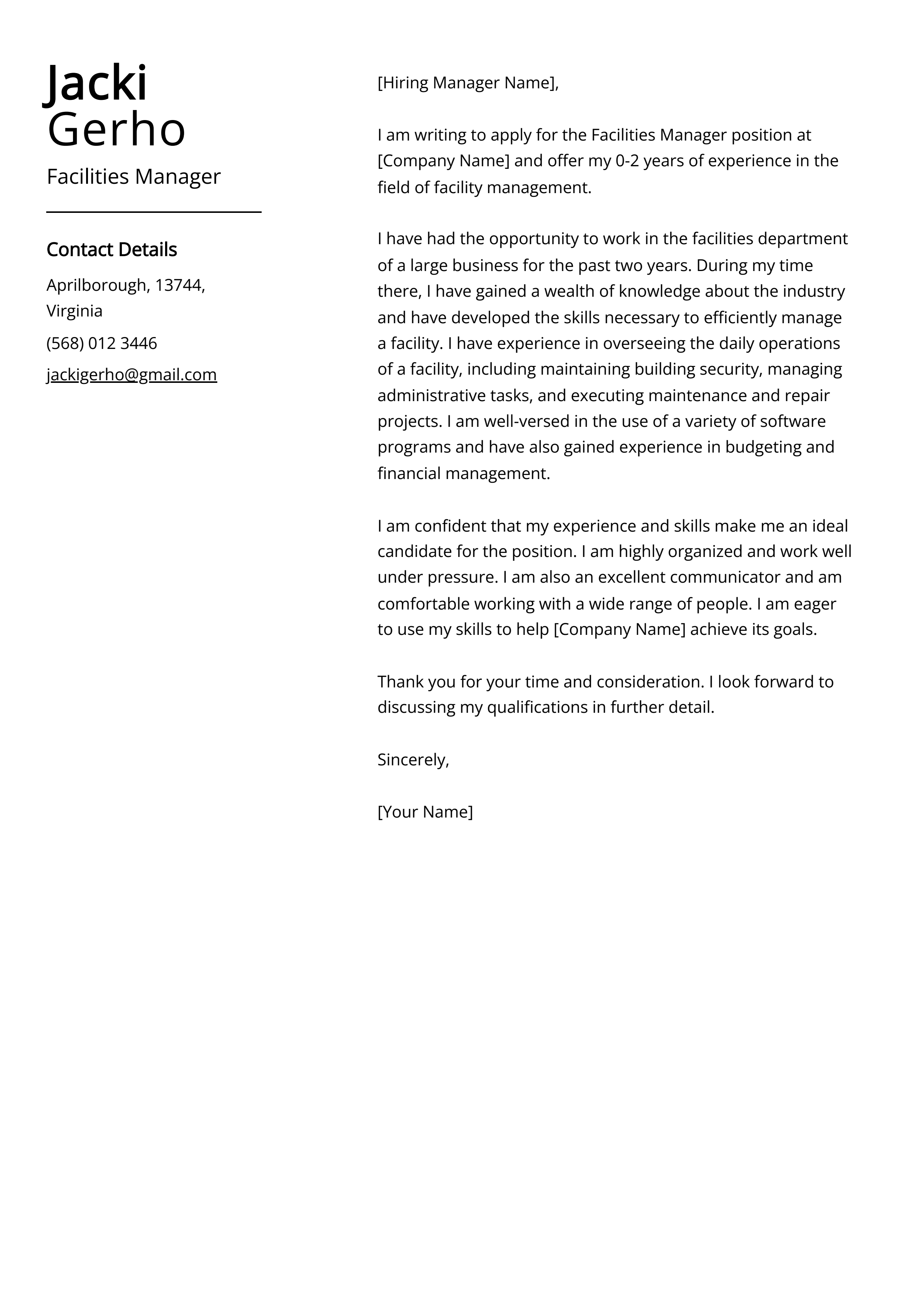 Facilities Manager Cover Letter Example