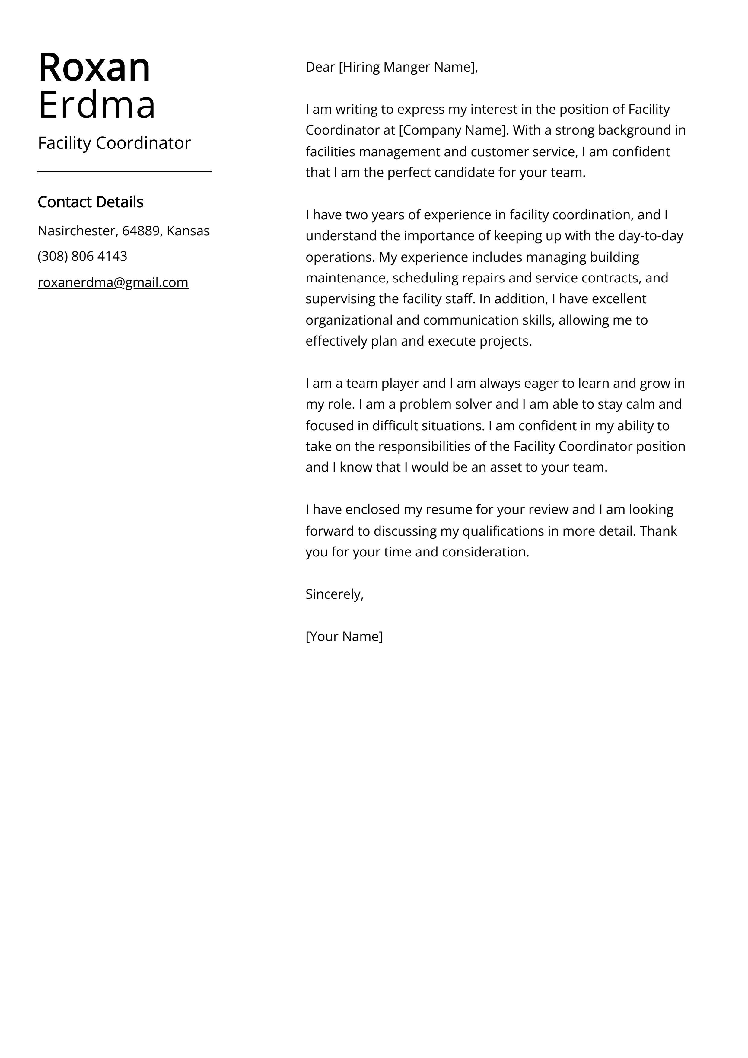 Facility Coordinator Cover Letter Example