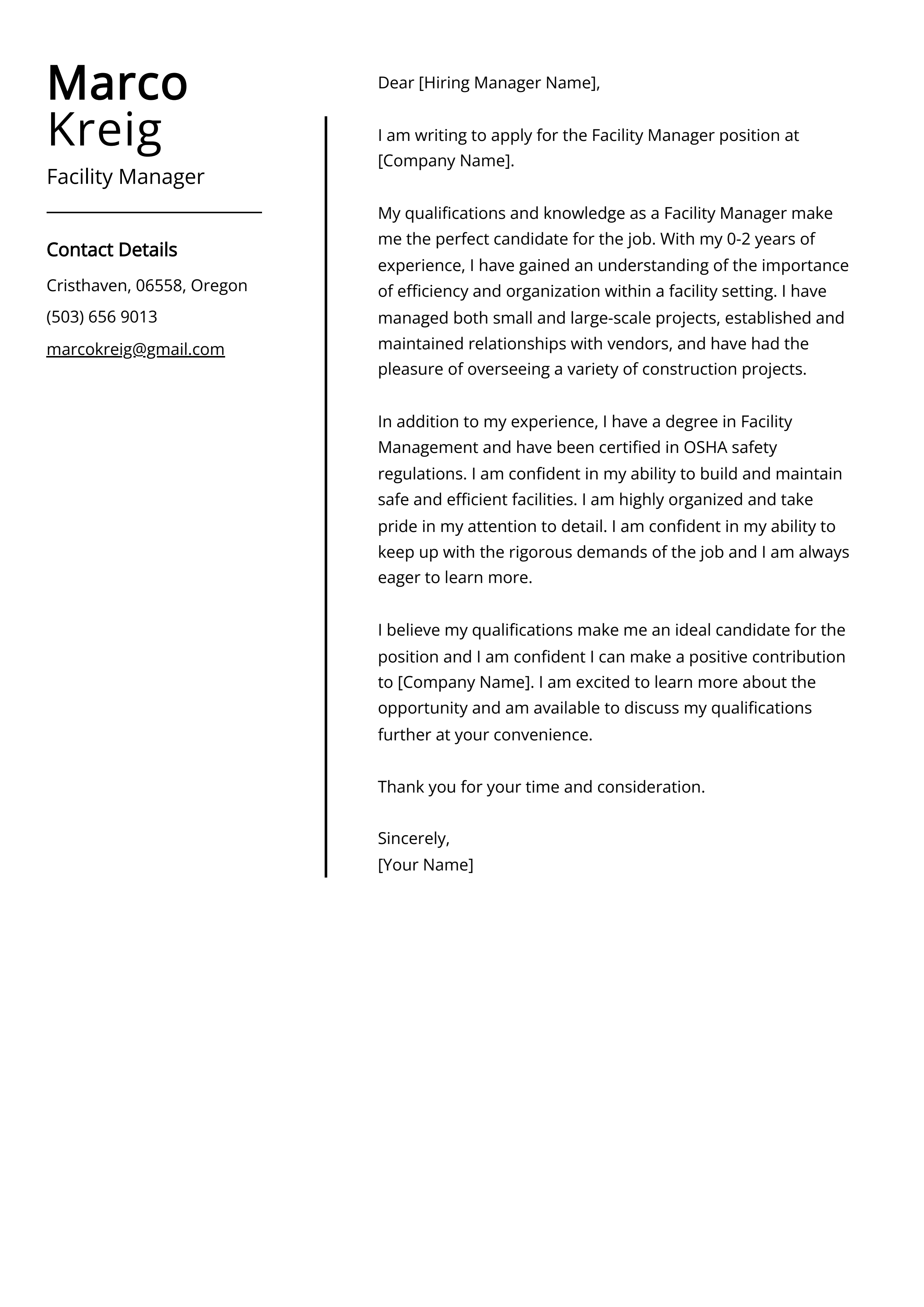 Facility Manager Cover Letter Example