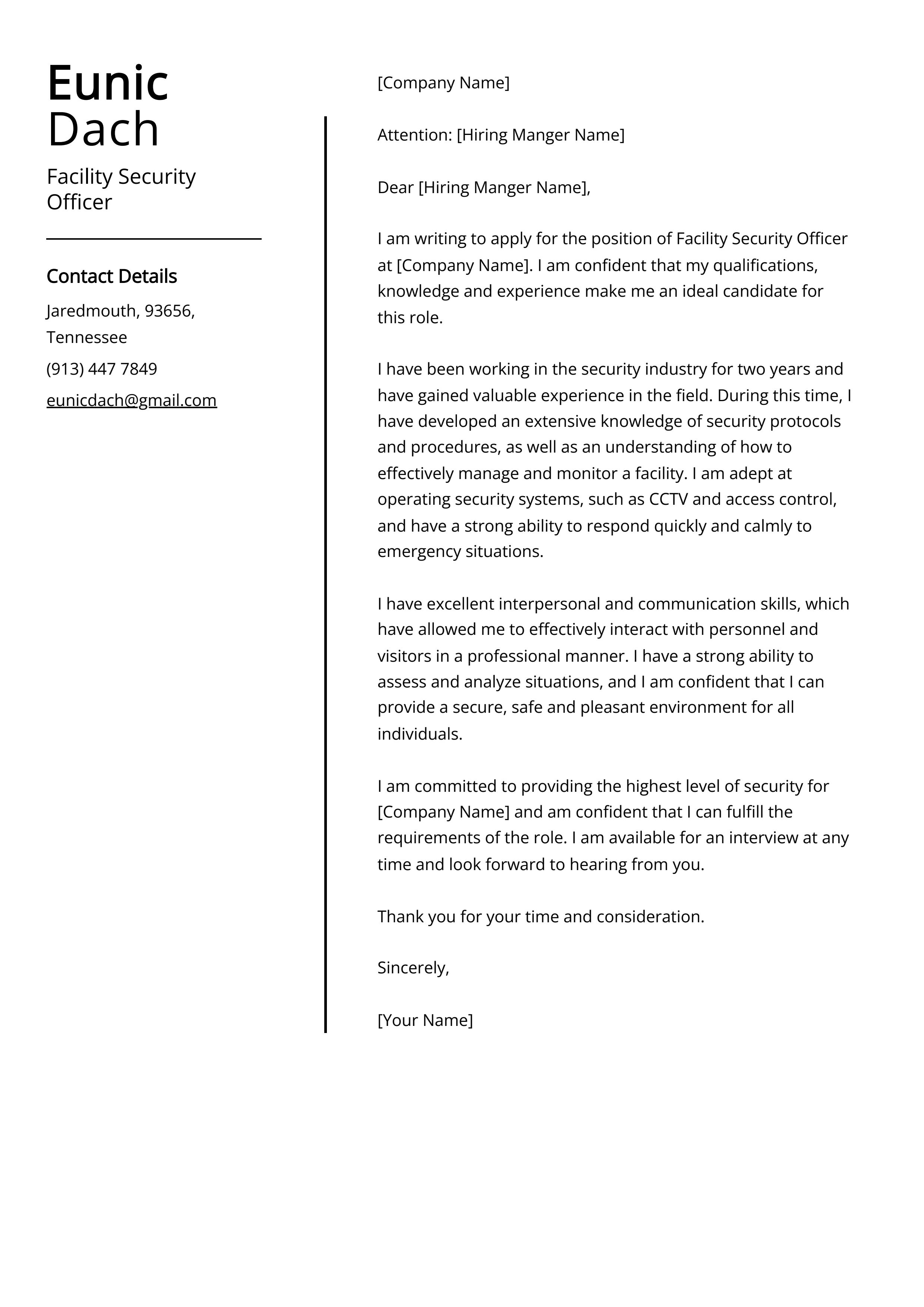 Facility Security Officer Cover Letter Example