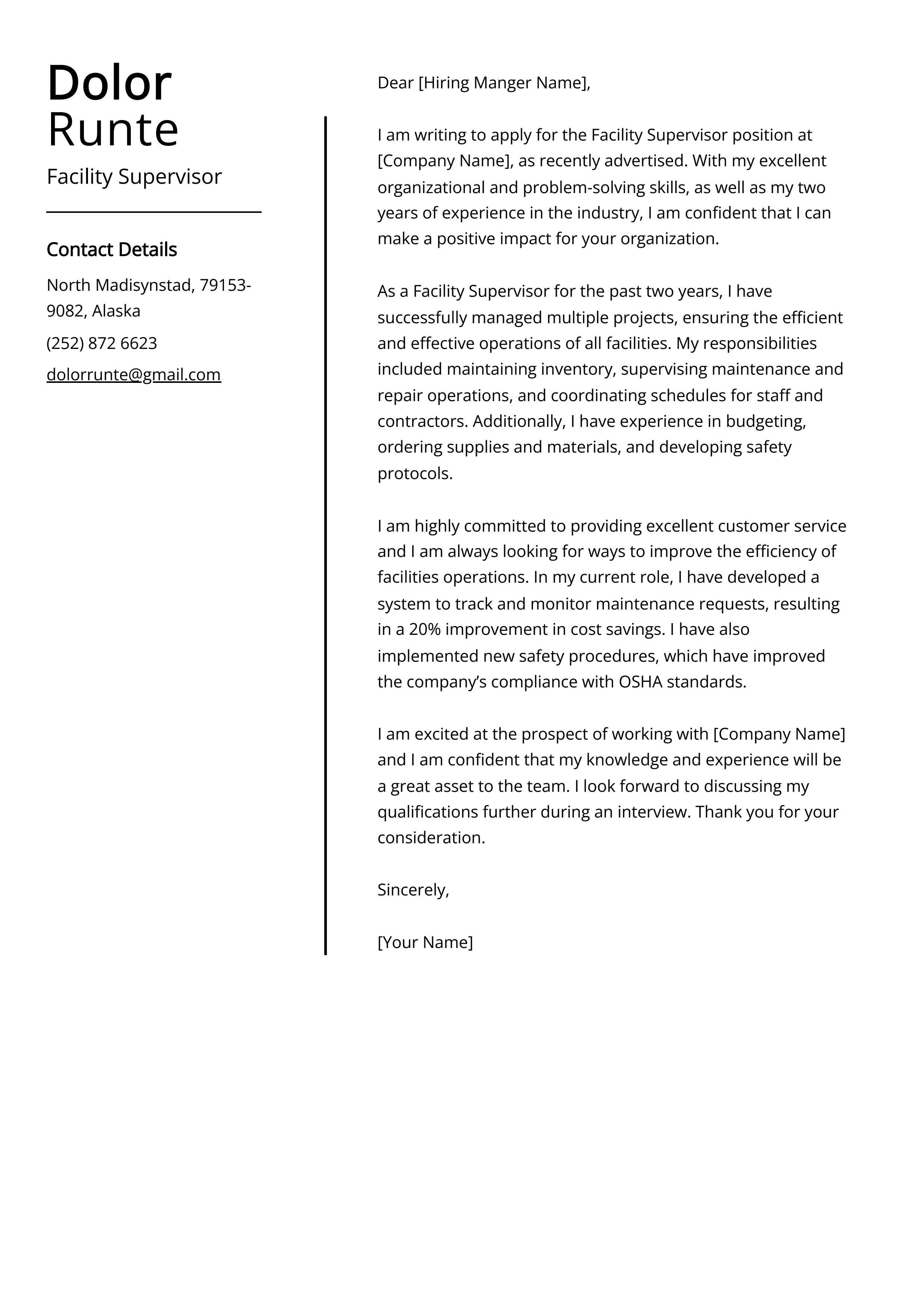 Facility Supervisor Cover Letter Example