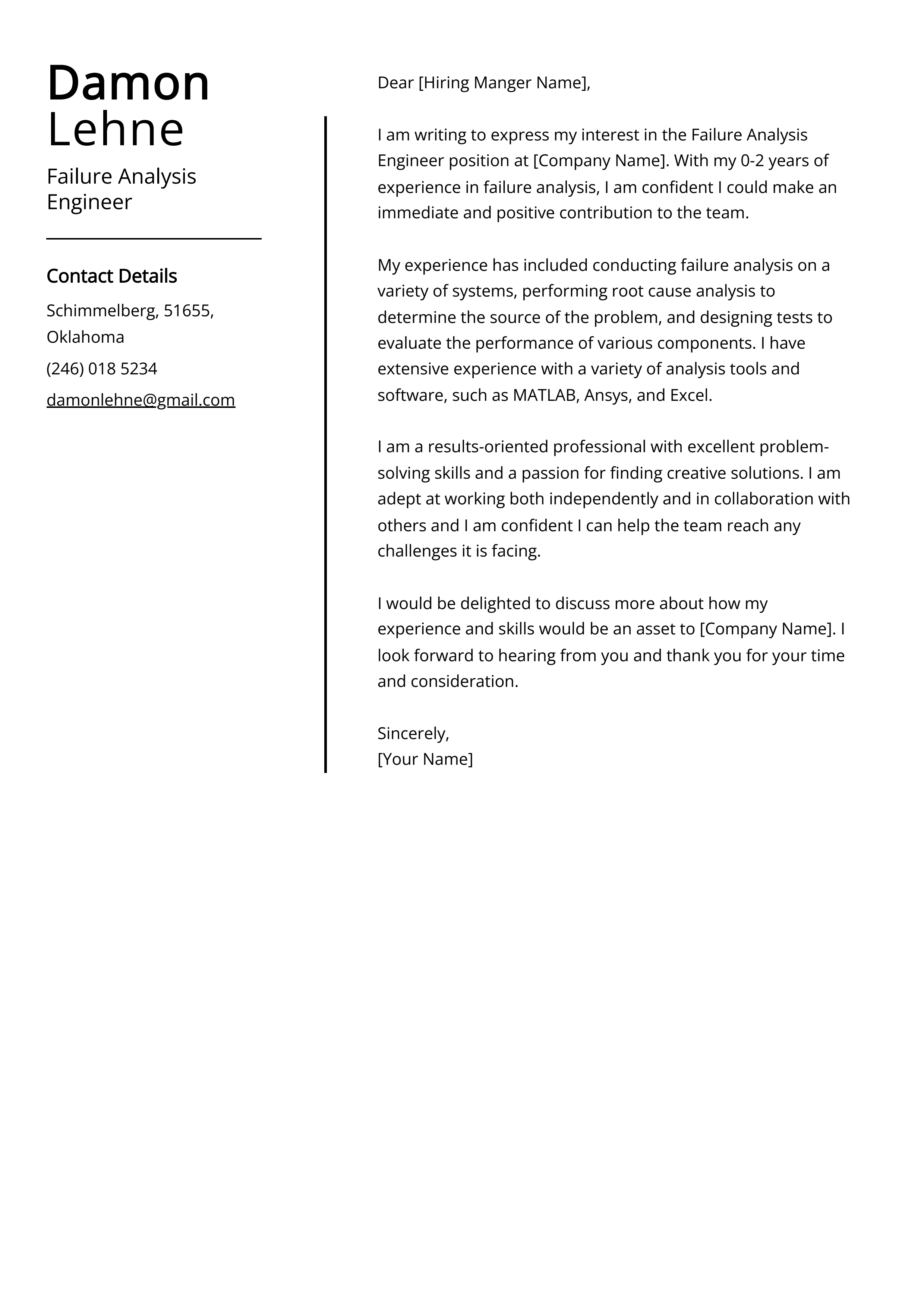Failure Analysis Engineer Cover Letter Example