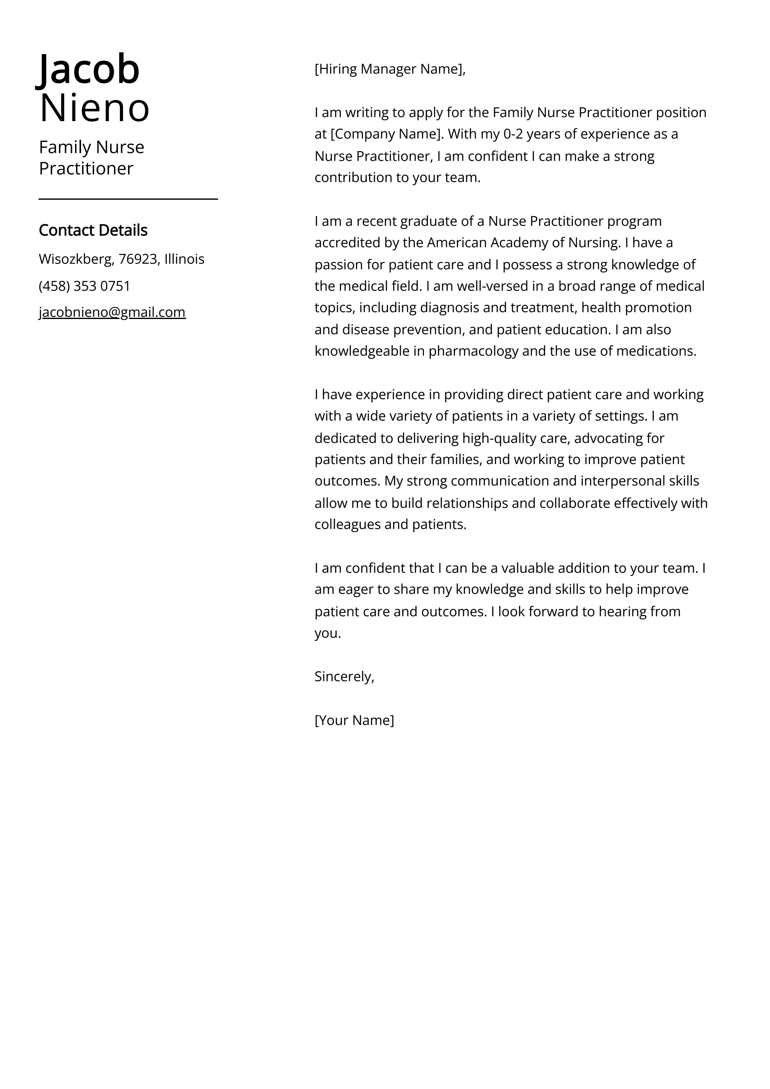 Family Nurse Practitioner Cover Letter Example