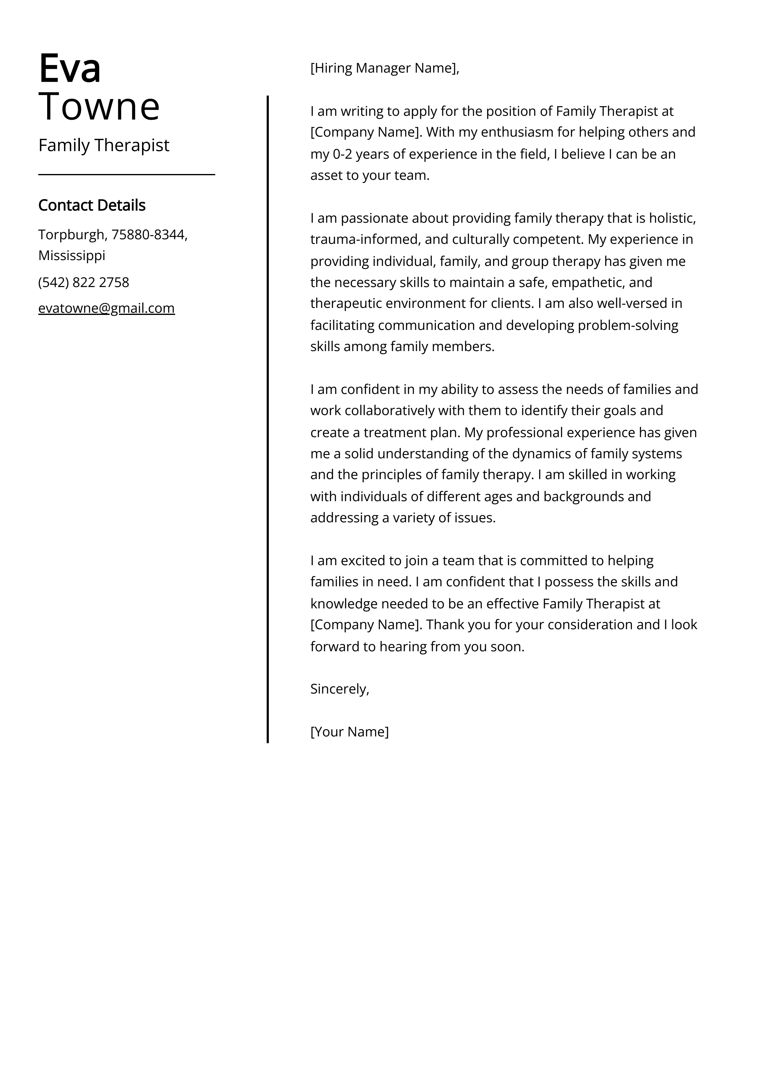 Family Therapist Cover Letter Example