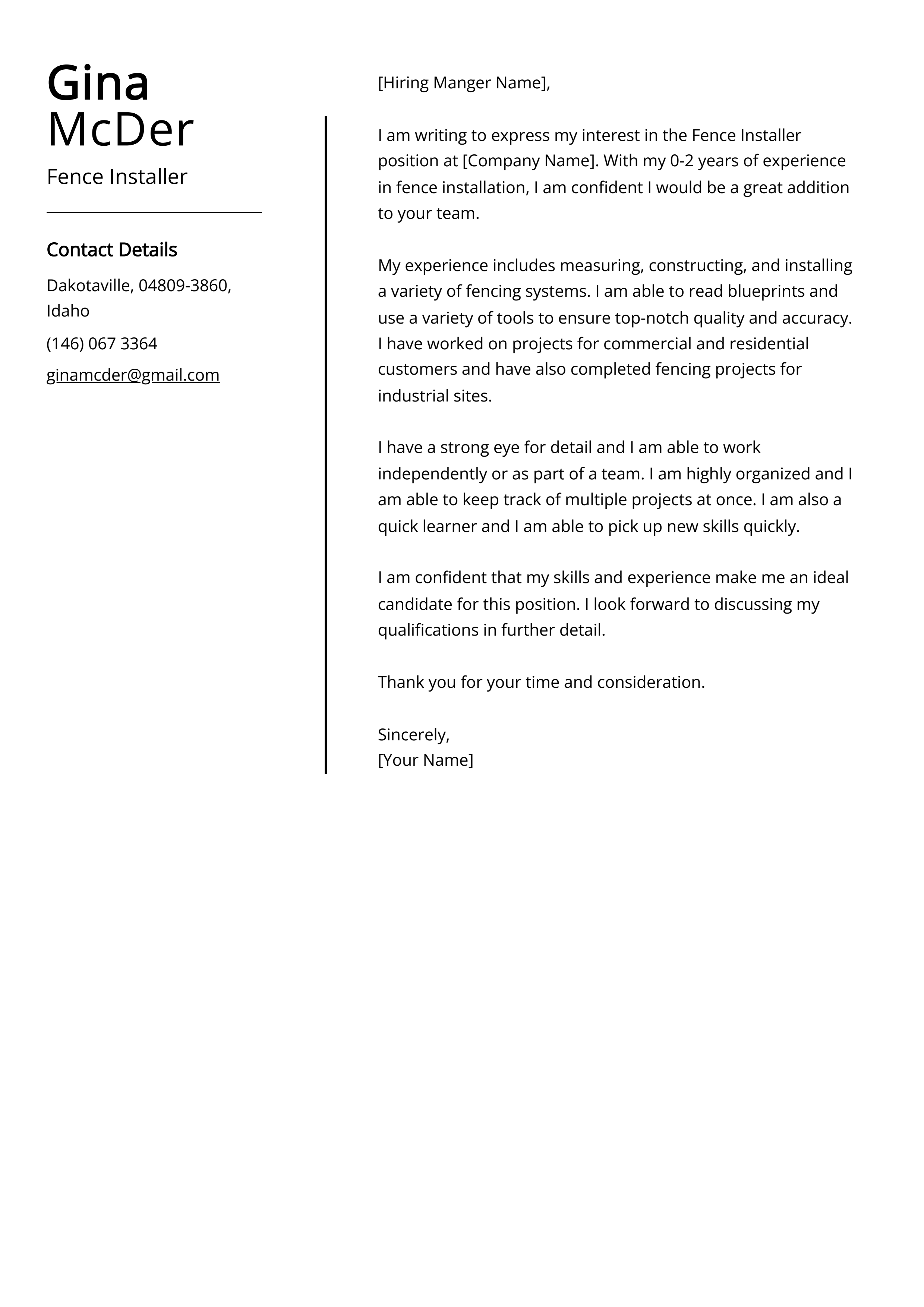 Fence Installer Cover Letter Example