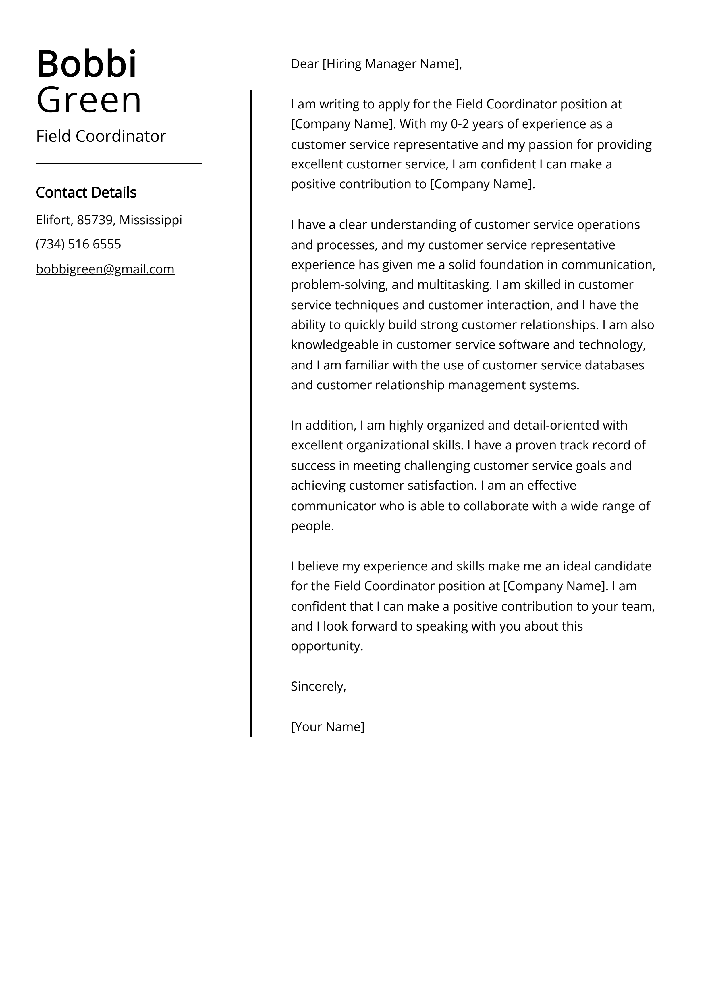 Field Coordinator Cover Letter Example