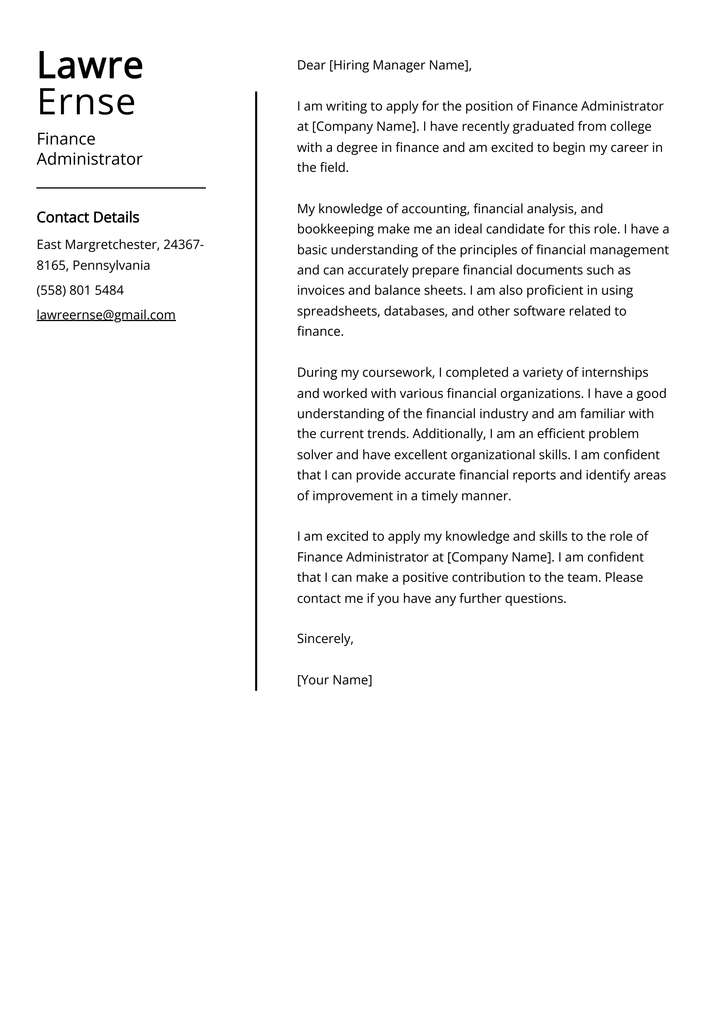 Finance Administrator Cover Letter Example