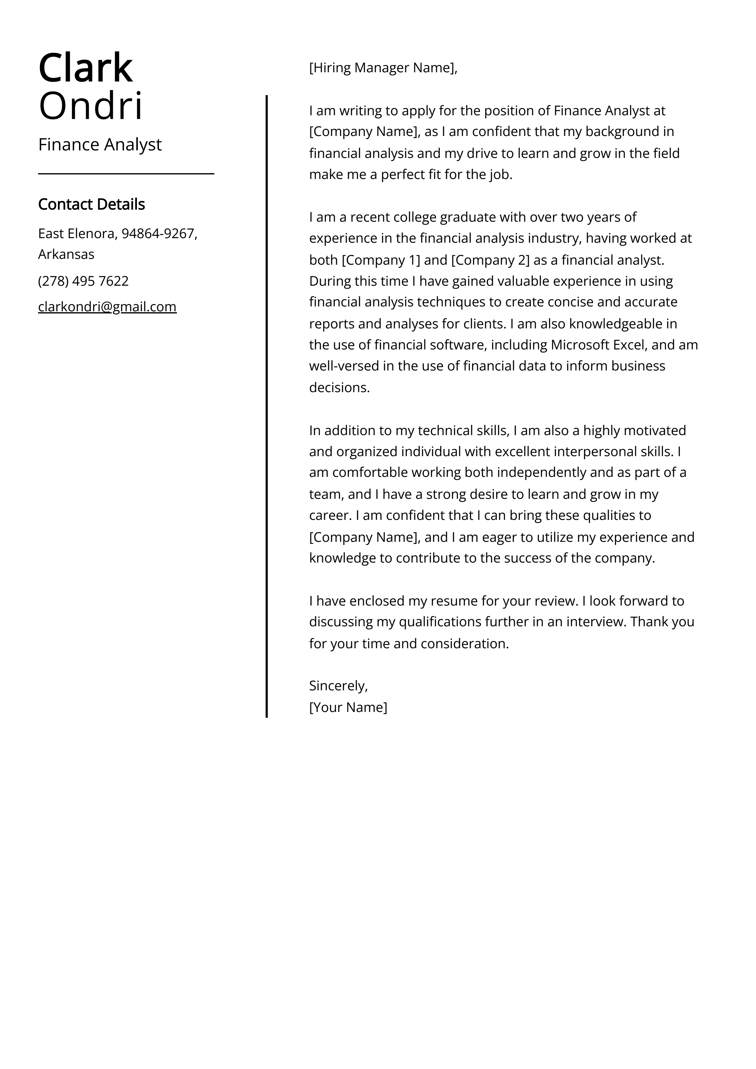 Finance Analyst Cover Letter Example