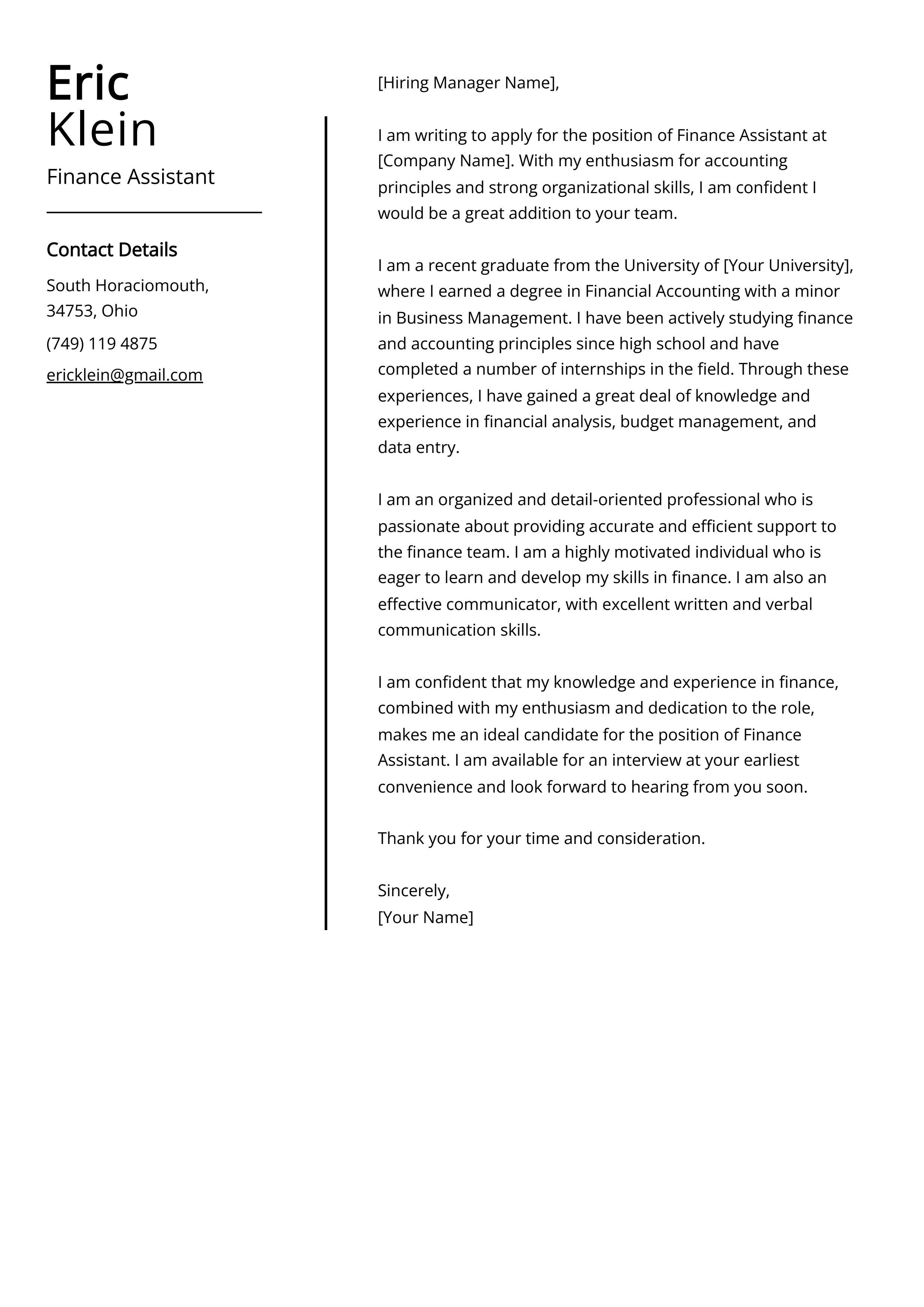 Finance Assistant Cover Letter Example