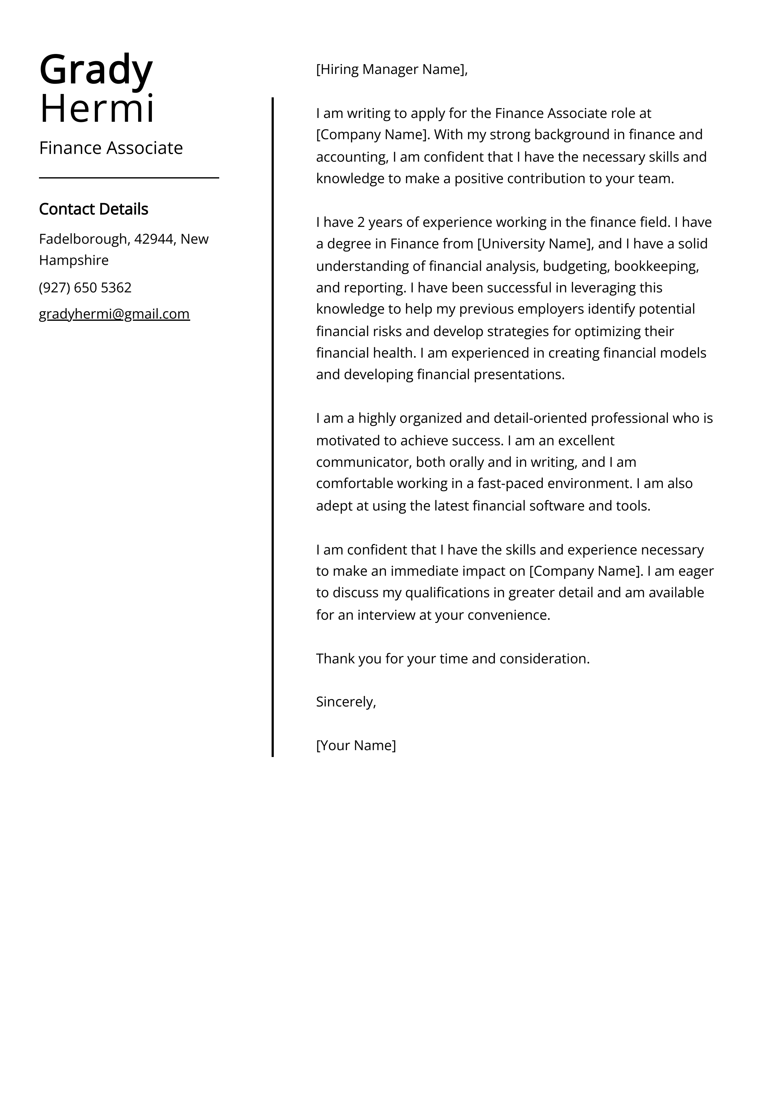 Finance Associate Cover Letter Example
