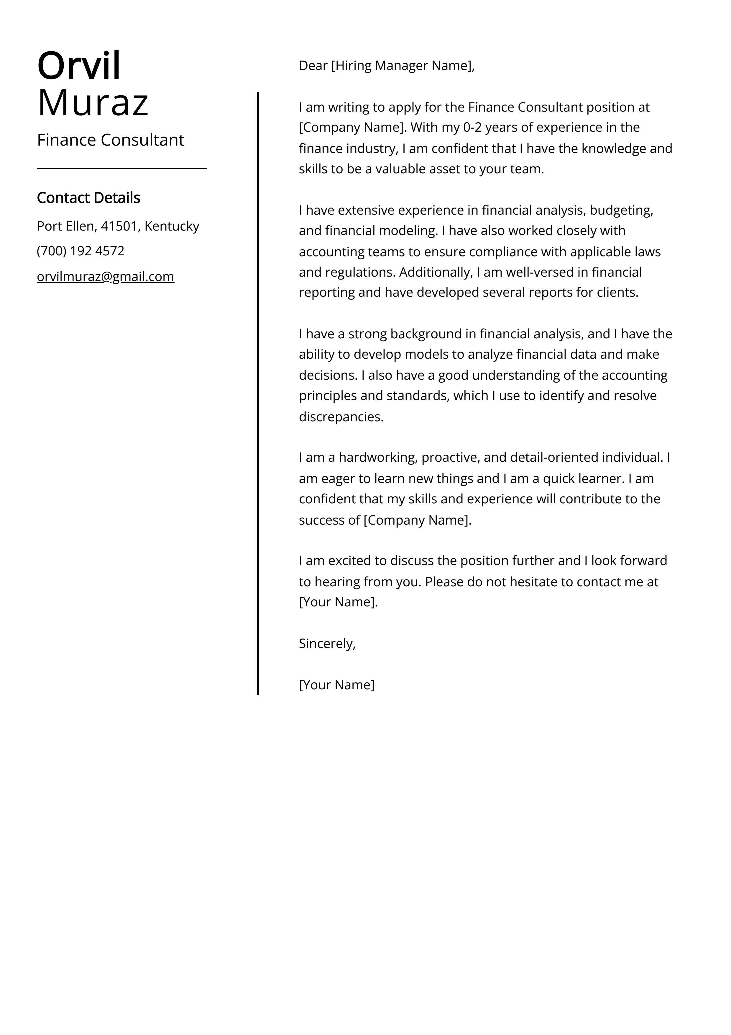 Finance Consultant Cover Letter Example