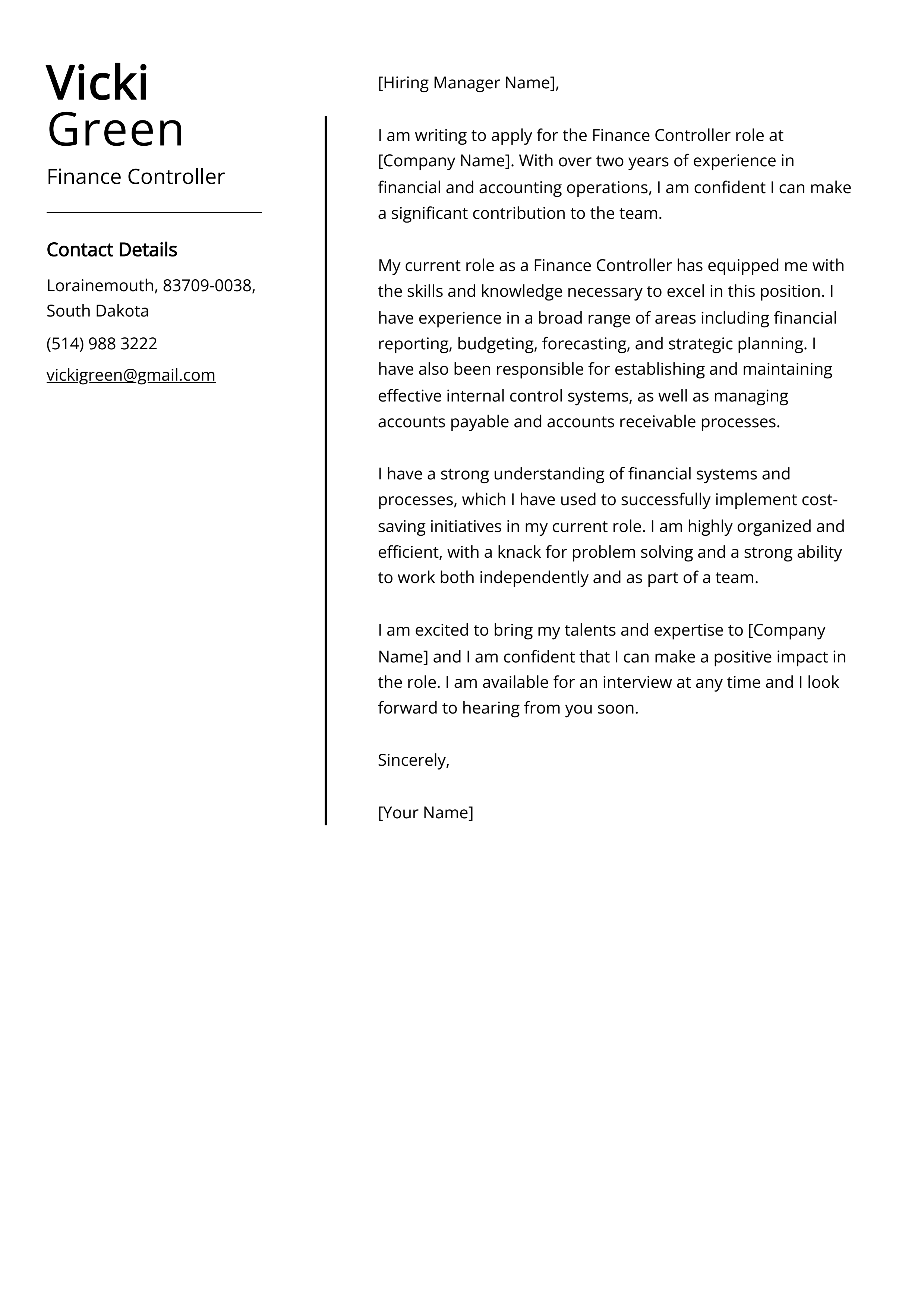 Finance Controller Cover Letter Example