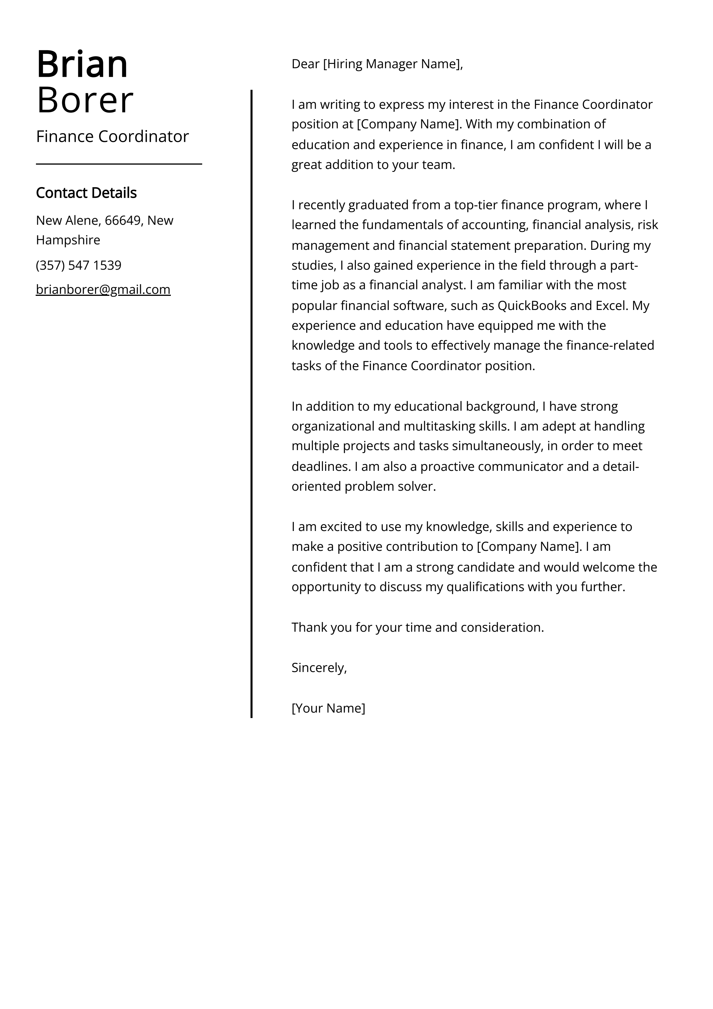 Finance Coordinator Cover Letter Example