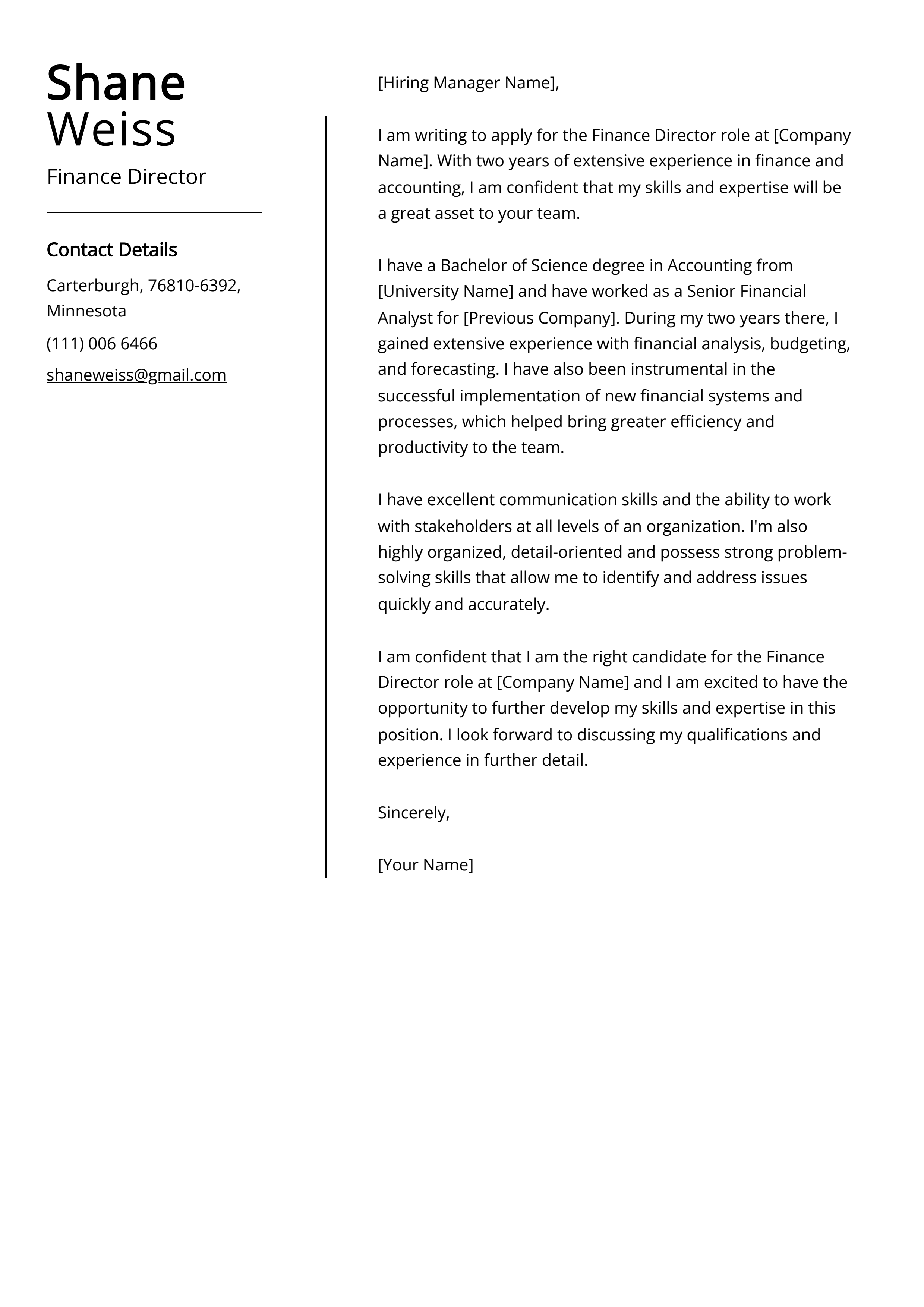 Finance Director Cover Letter Example