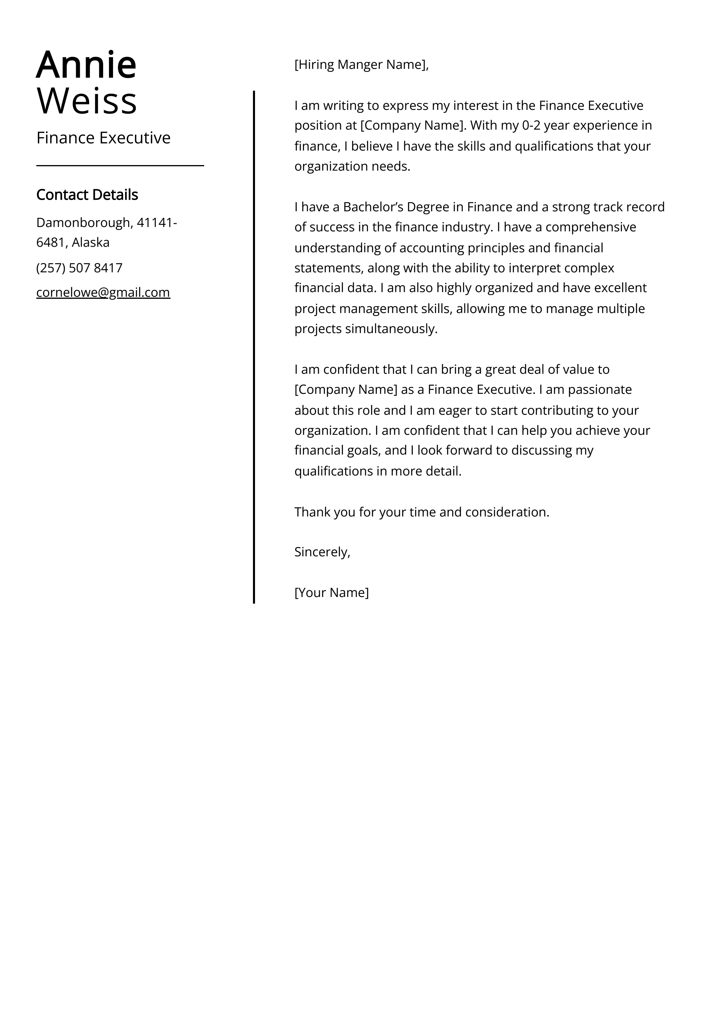 Finance Executive Cover Letter Example