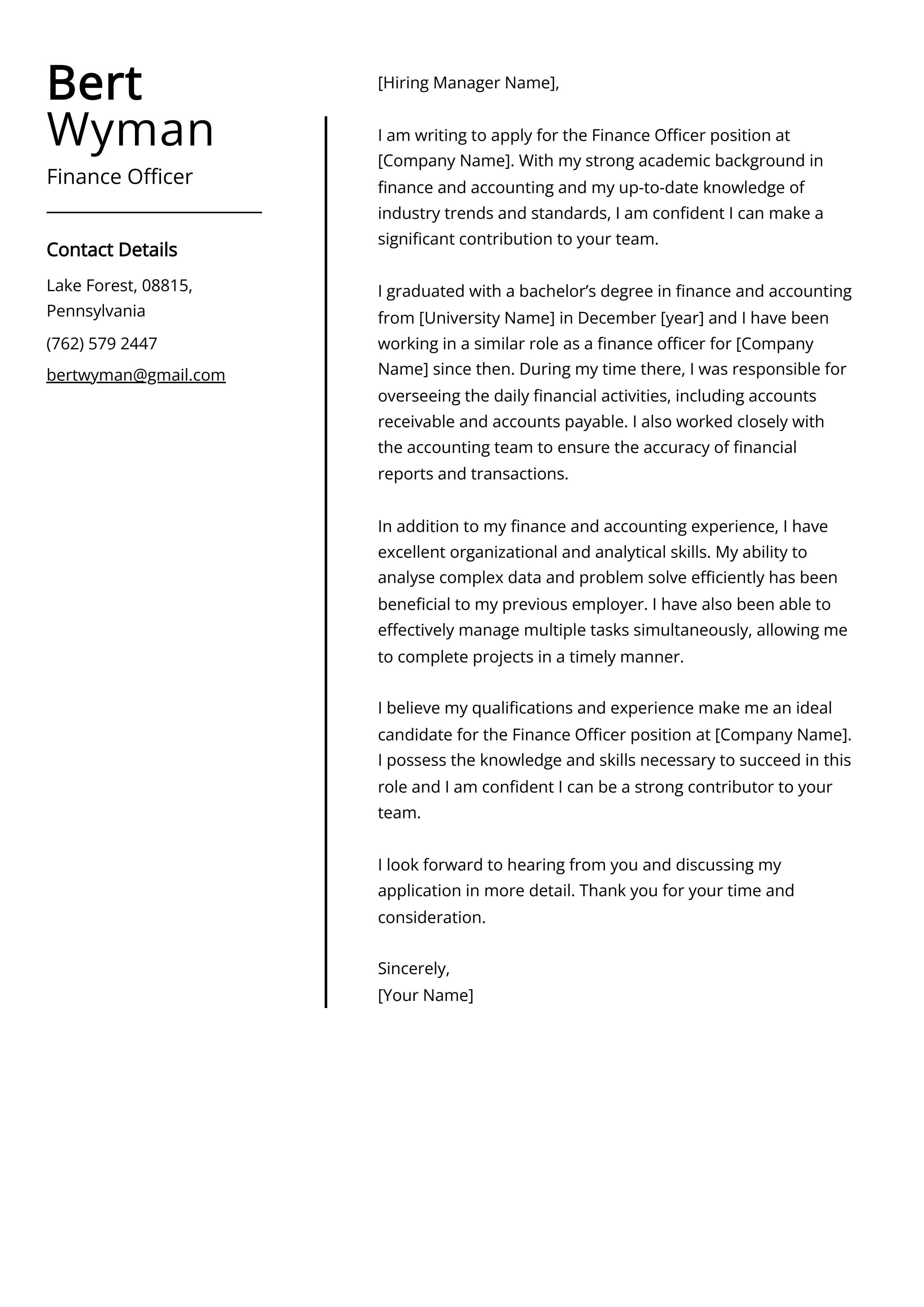 Finance Officer Cover Letter Example