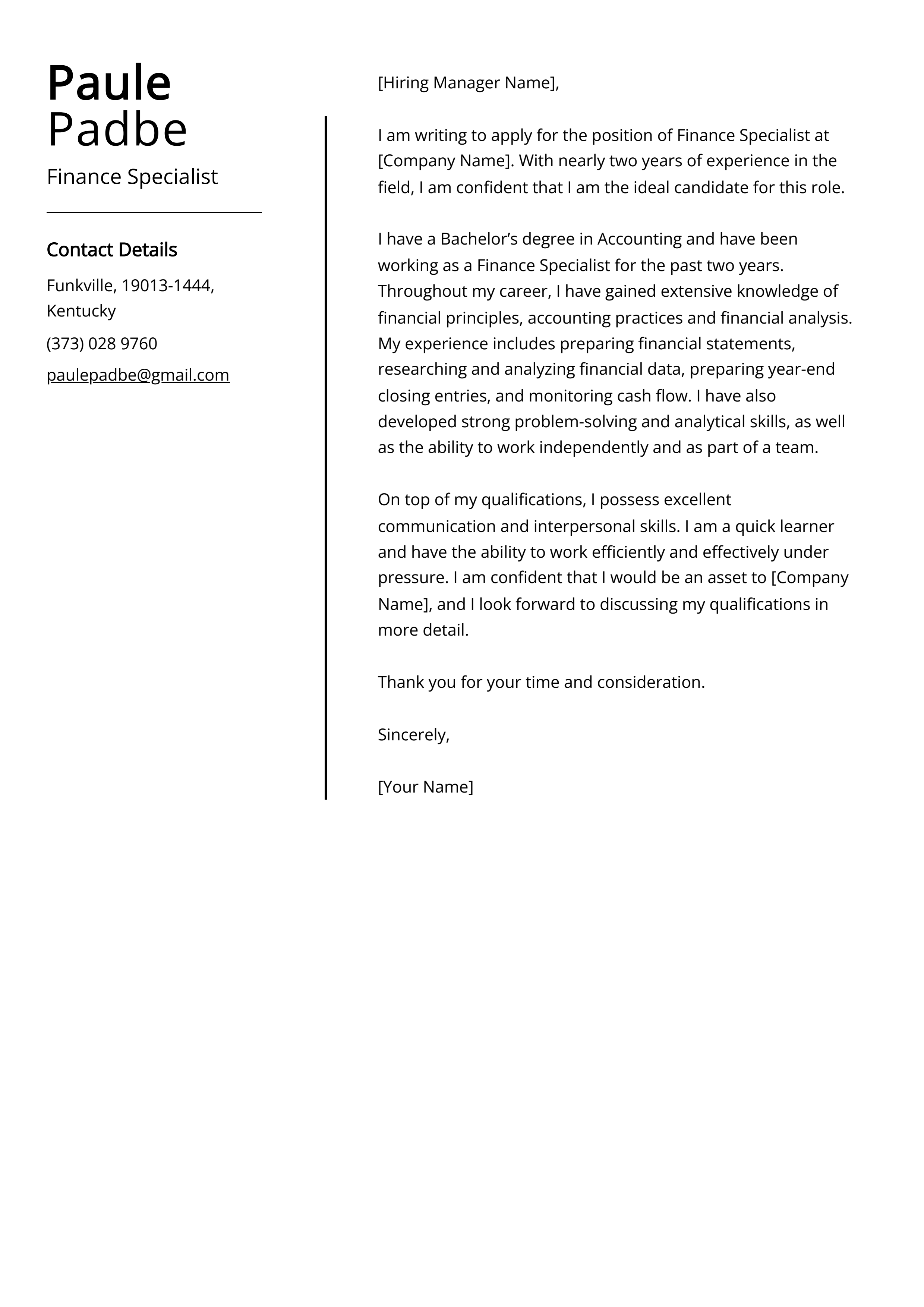 Finance Specialist Cover Letter Example
