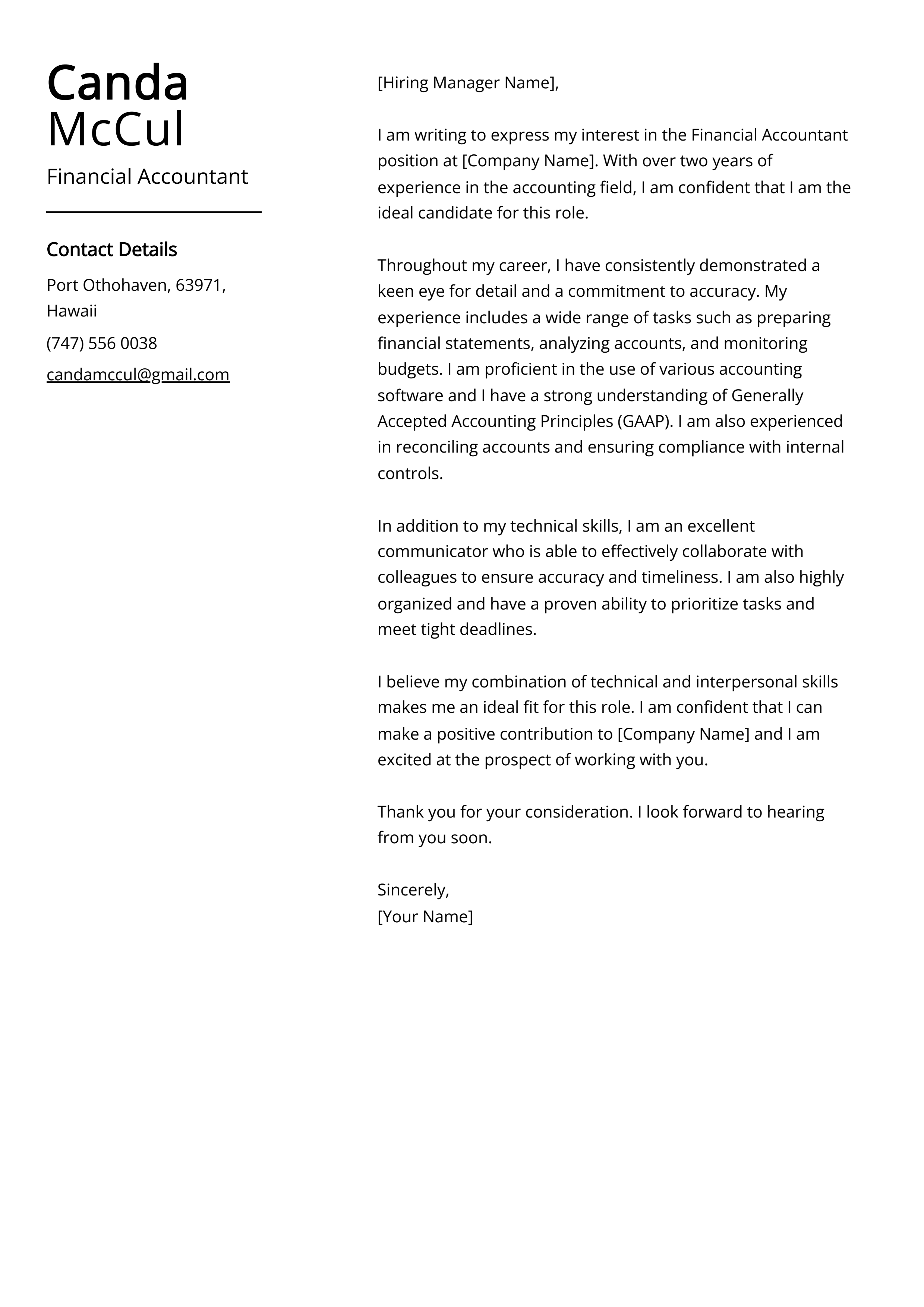 Financial Accountant Cover Letter Example