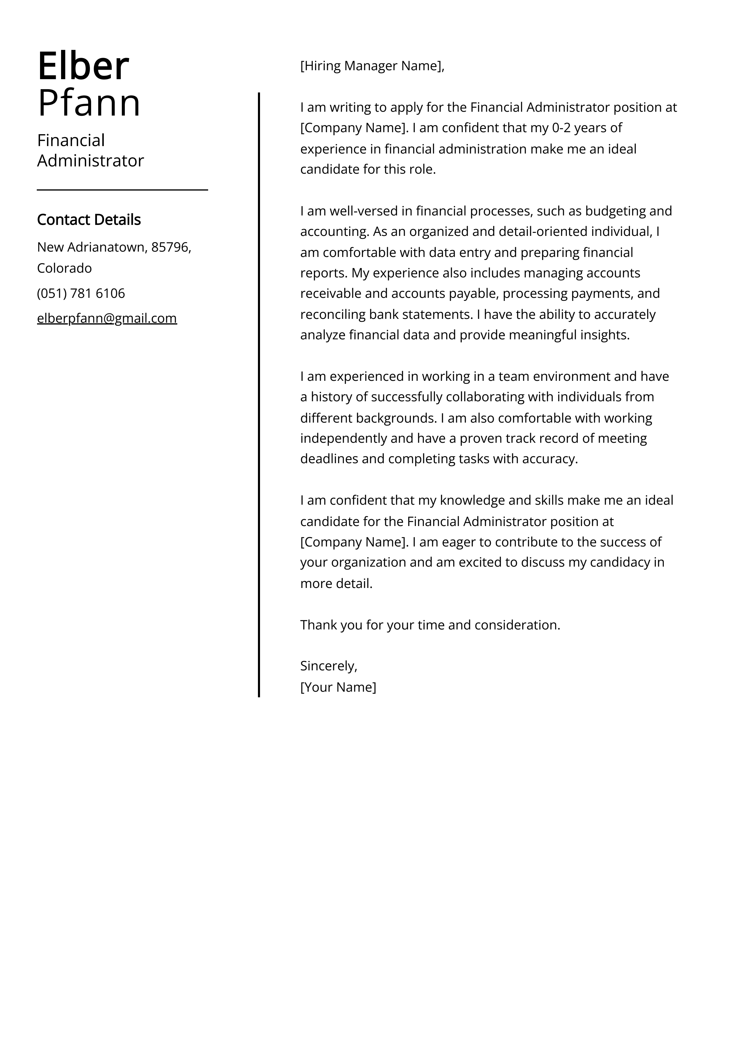 Financial Administrator Cover Letter Example